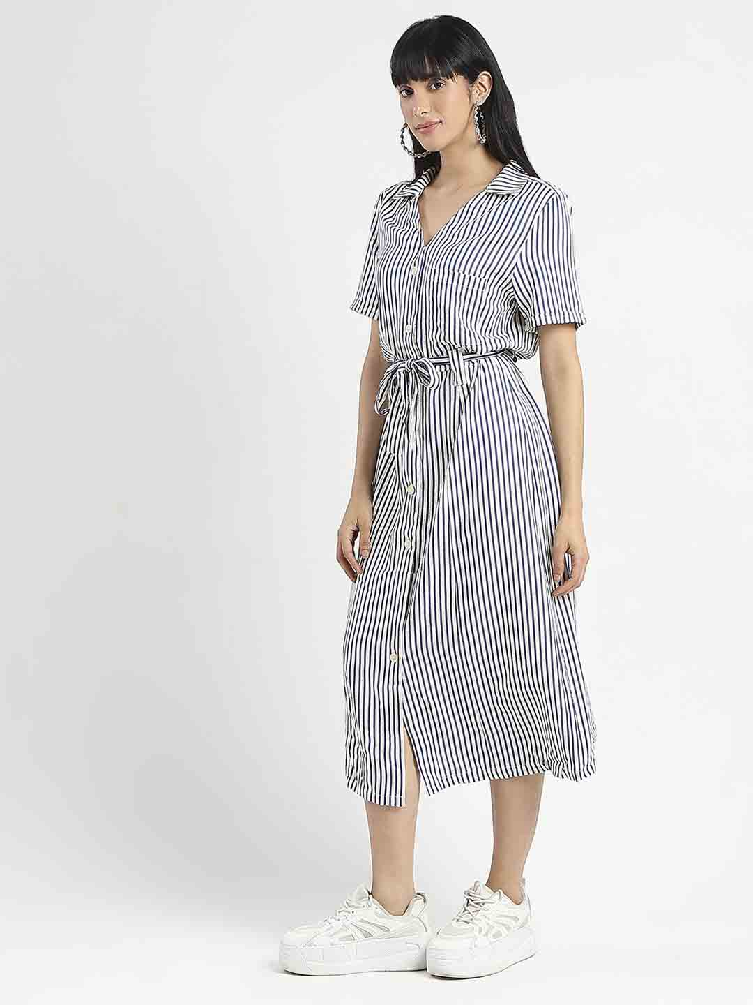 Striped Navy Blue Midi Shirt Dress - TRVCWOW