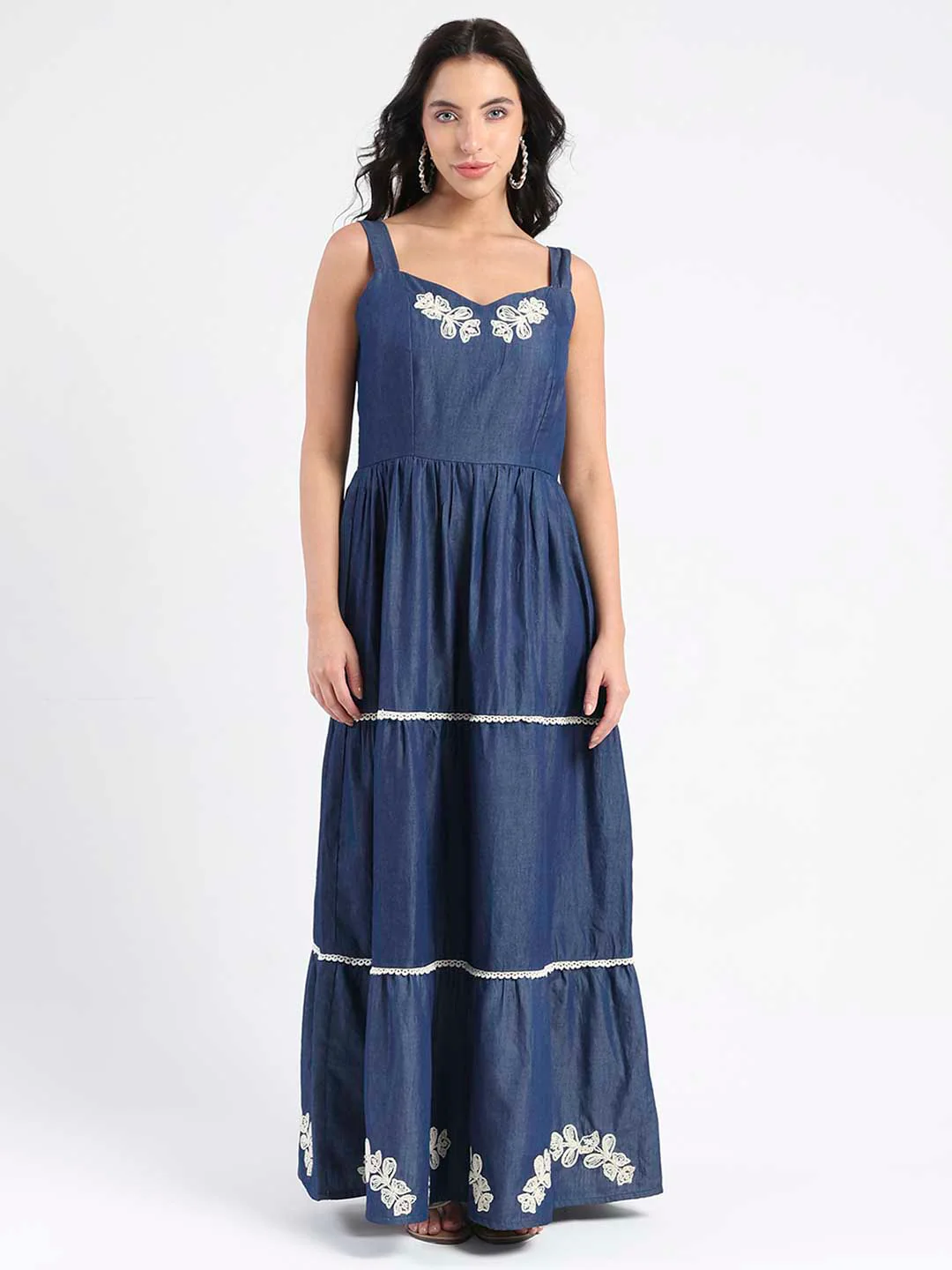 Embroidered Tiered Hem Denim Maxi Dress - TRVCWOW