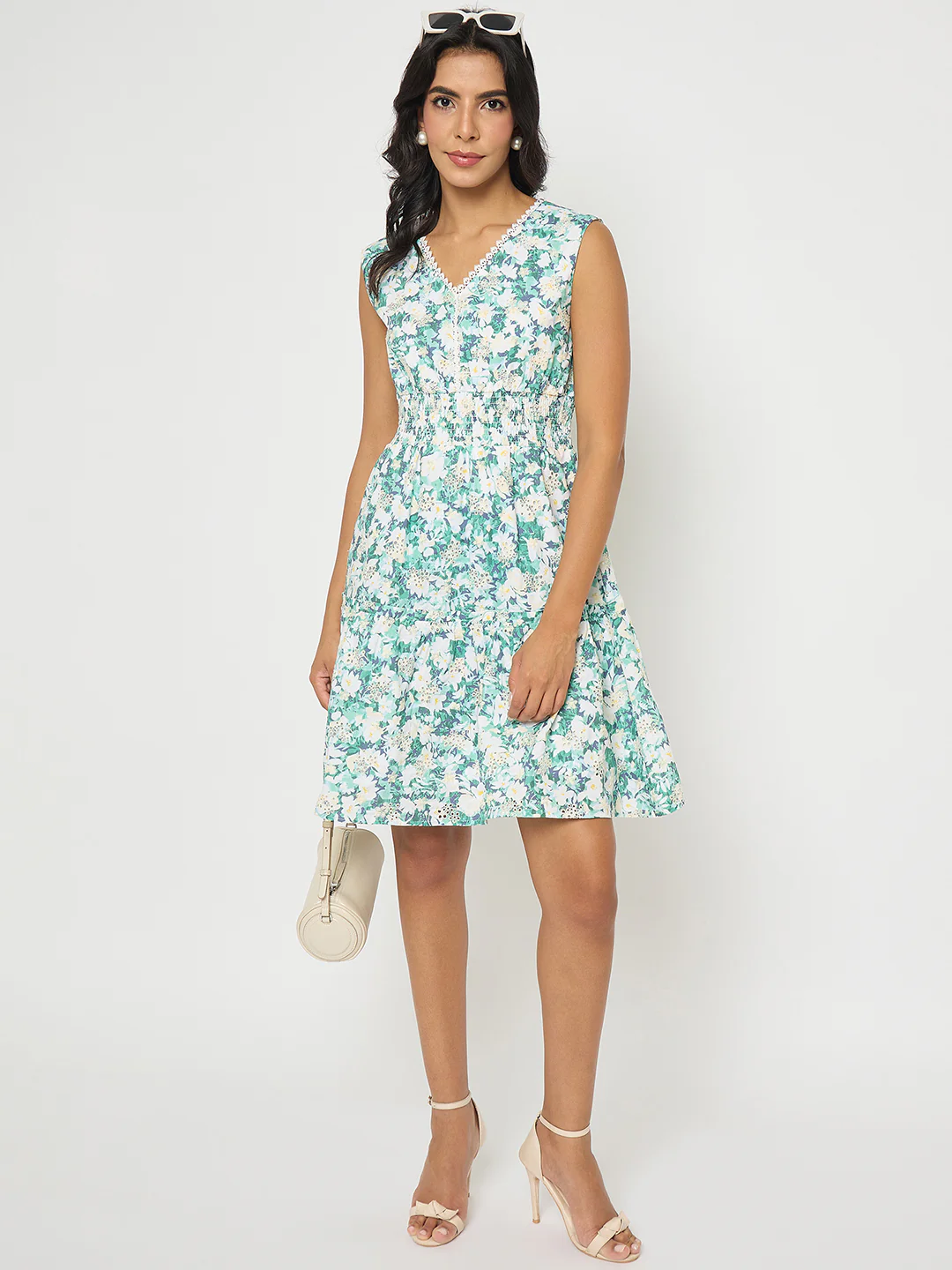 Floral Print Smocked White Fit and Flare Mini Dress - TRVCWOW