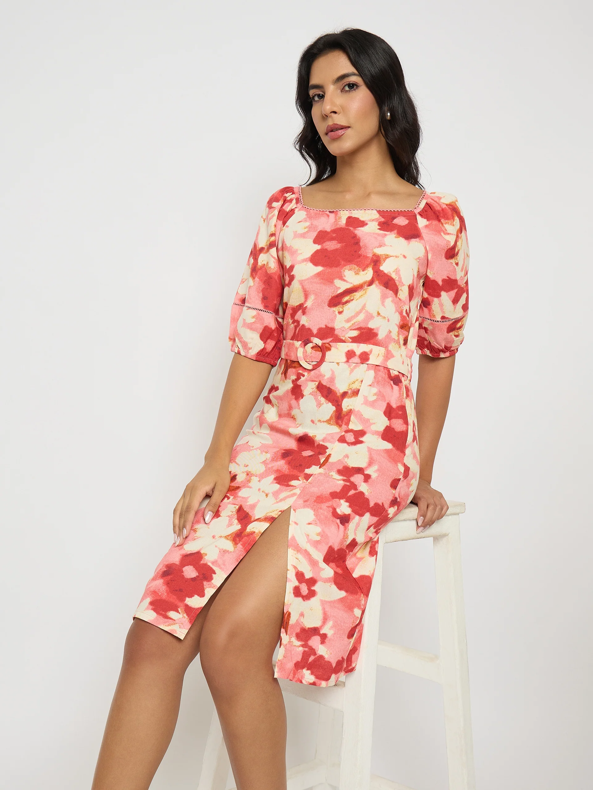 Floral Print Ruched Bodycon Coral Dress - TRVCWOW