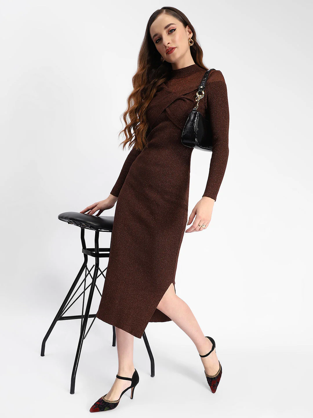 Twisted Detailing Ribbed Bodycon Brown Dress - TRVCWOW
