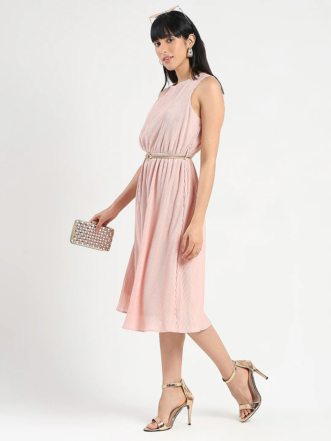 Metallic Self-Design Pleated Beige Flared Maxi Dress - TRVCWOW