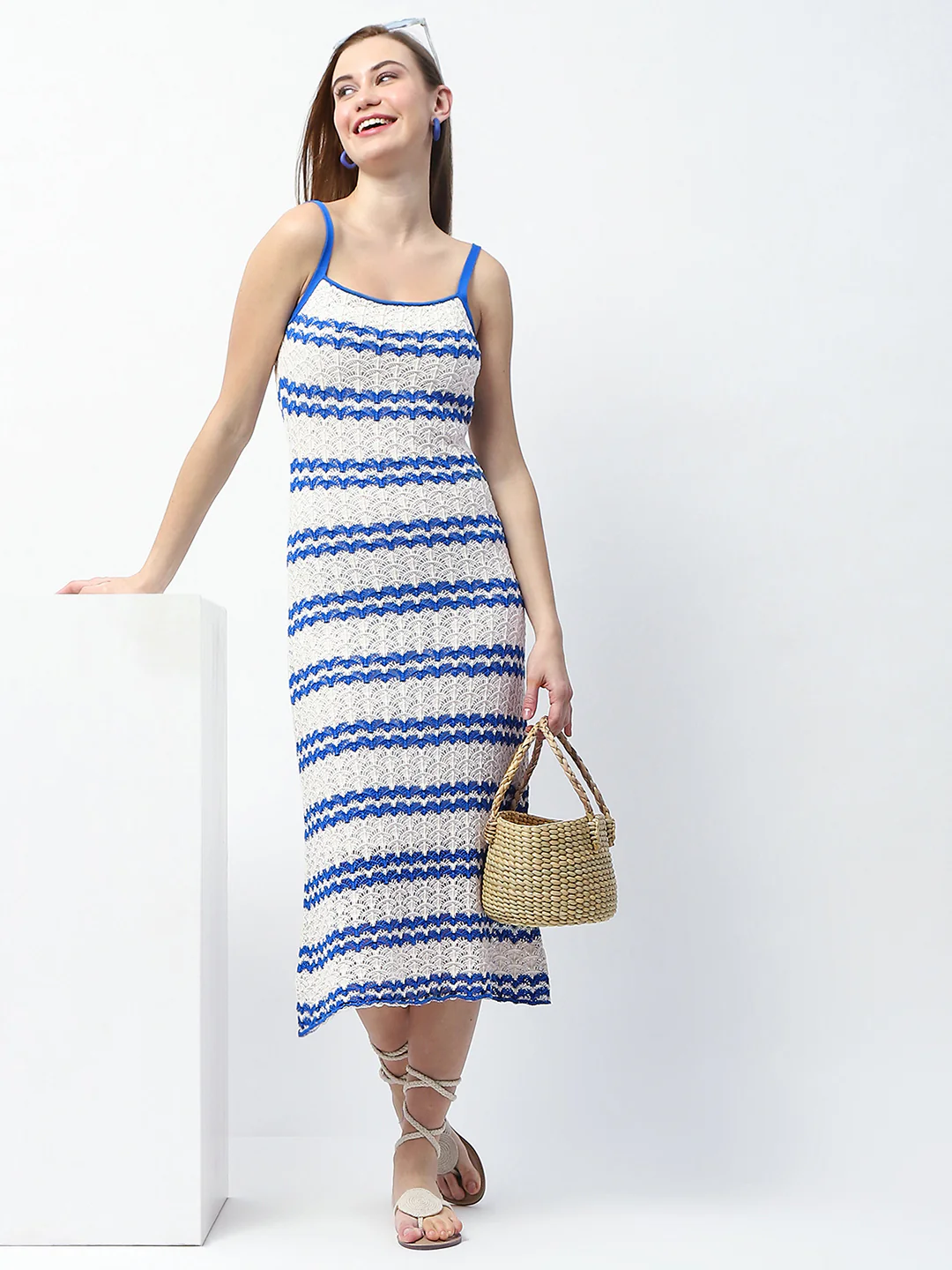 Striped Blue Cotton Midi Knitted Dress - TRVCWOW
