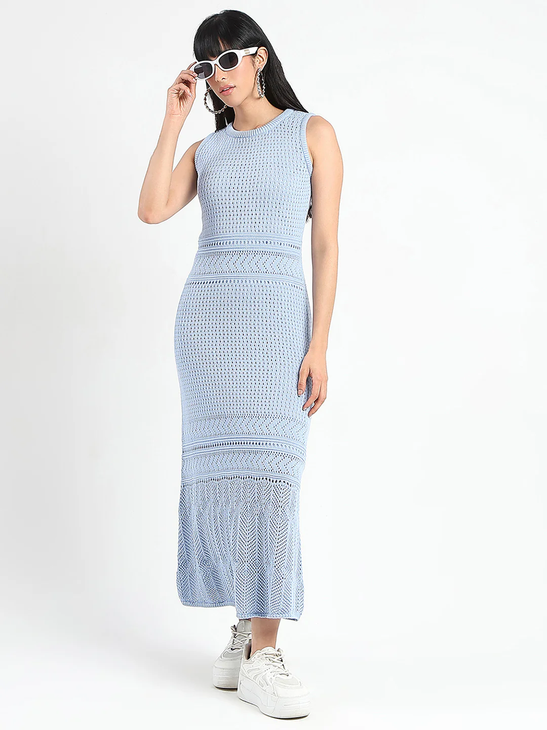 Textured Panels Geometric Hem Sky Blue Maxi Dress - TRVCWOW