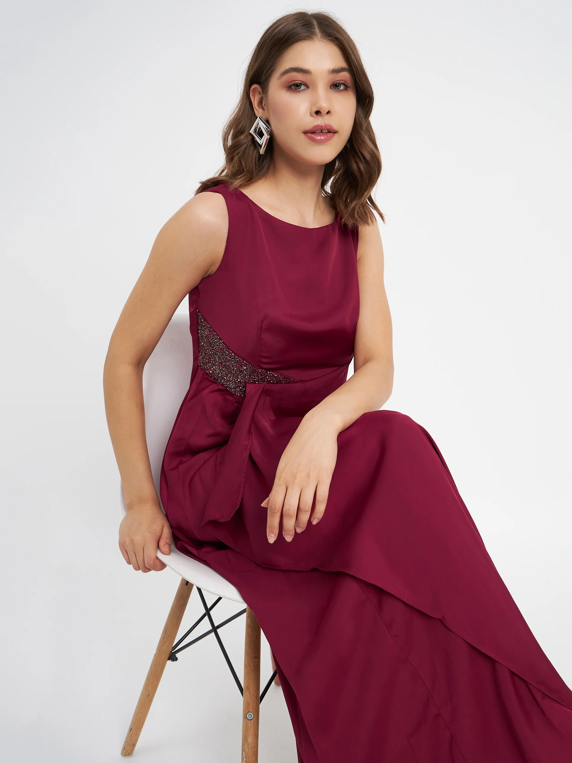 Wine Shimmer Detailing Ruffle Hem Dress - TRVCWOW