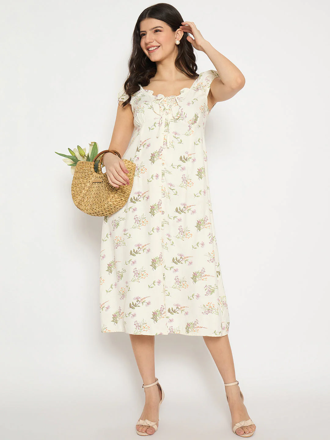 All Over Print Midi Off White Dress - TRVCWOW