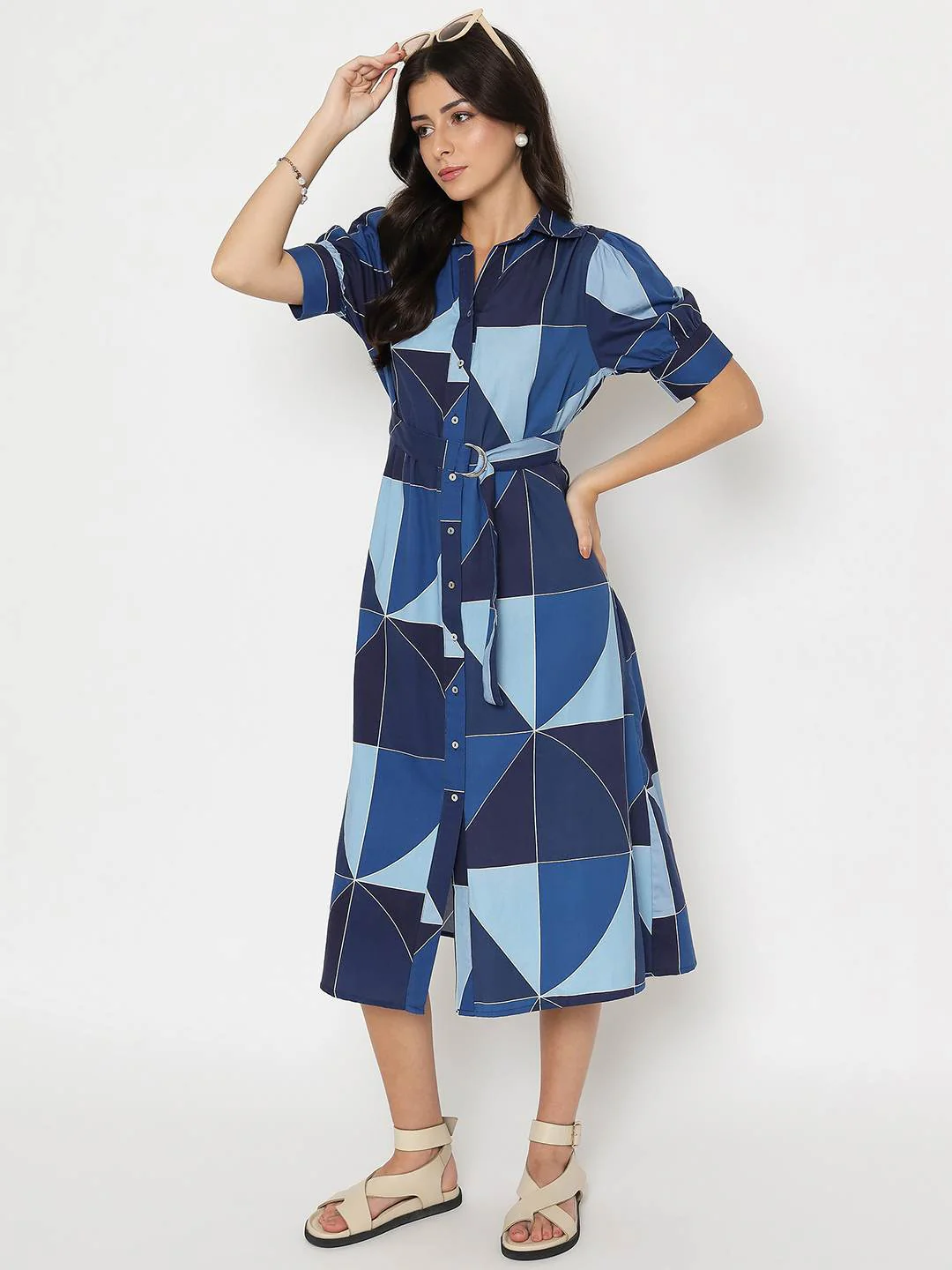 Geometric Print Belted Blue Maxi Shirt Dress - TRVCWOW
