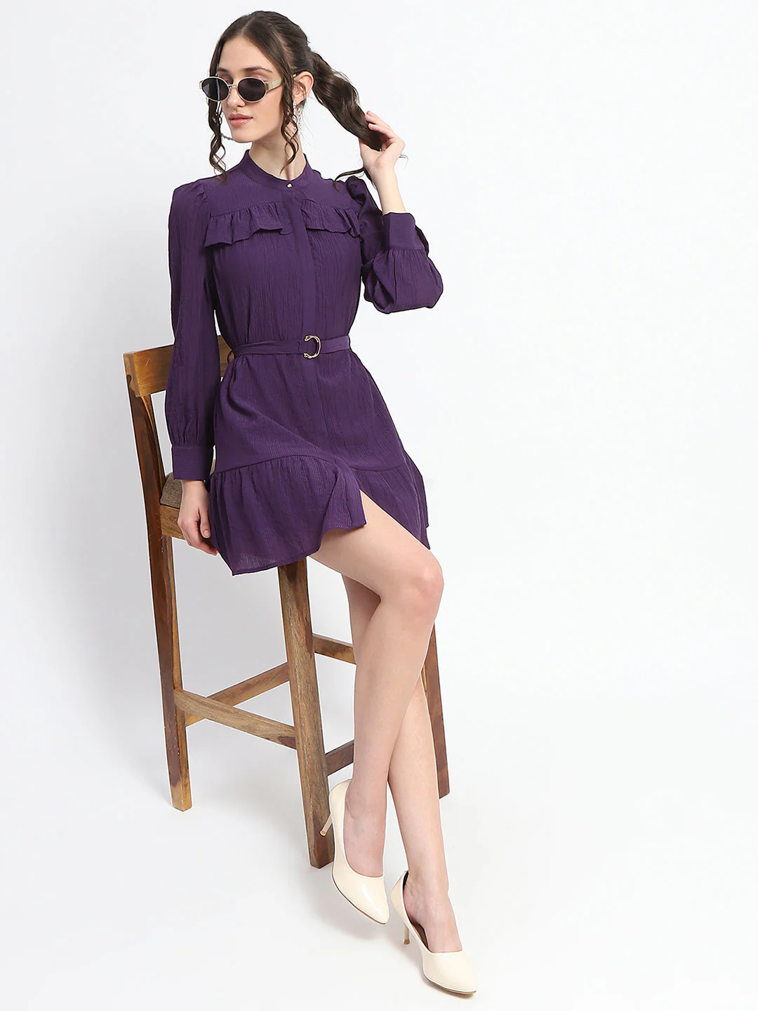 Buckle Detailed Solid Purple Shirt Dress For Women - TRVCWOW