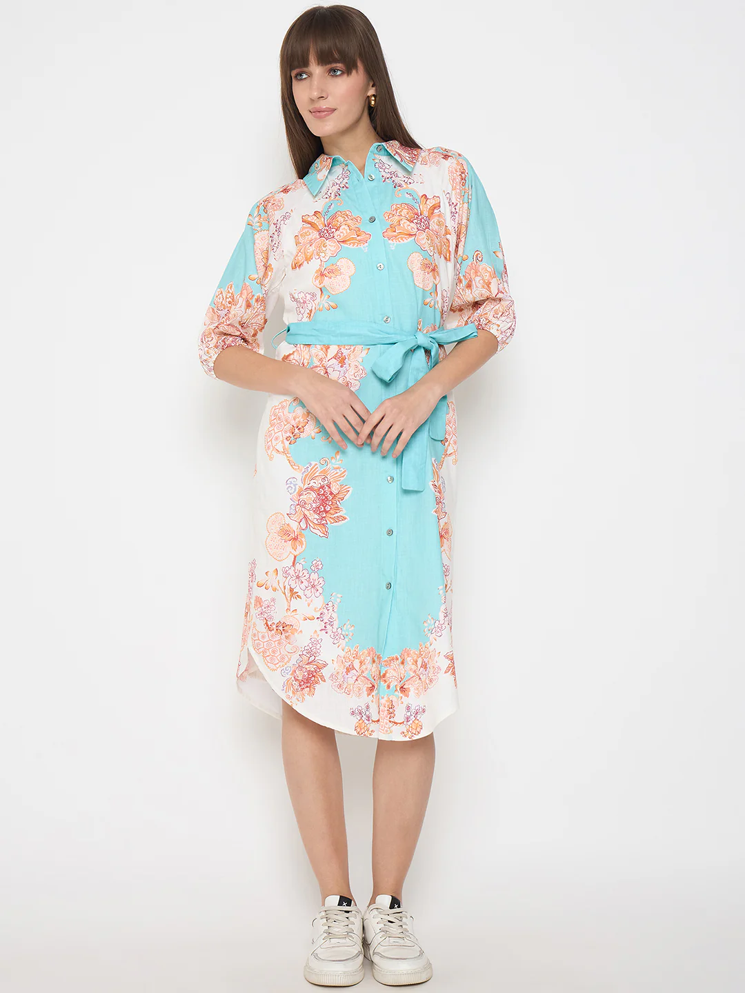 Blue Colorblock Floral Cotton Midi Shirt Dress - TRVCWOW