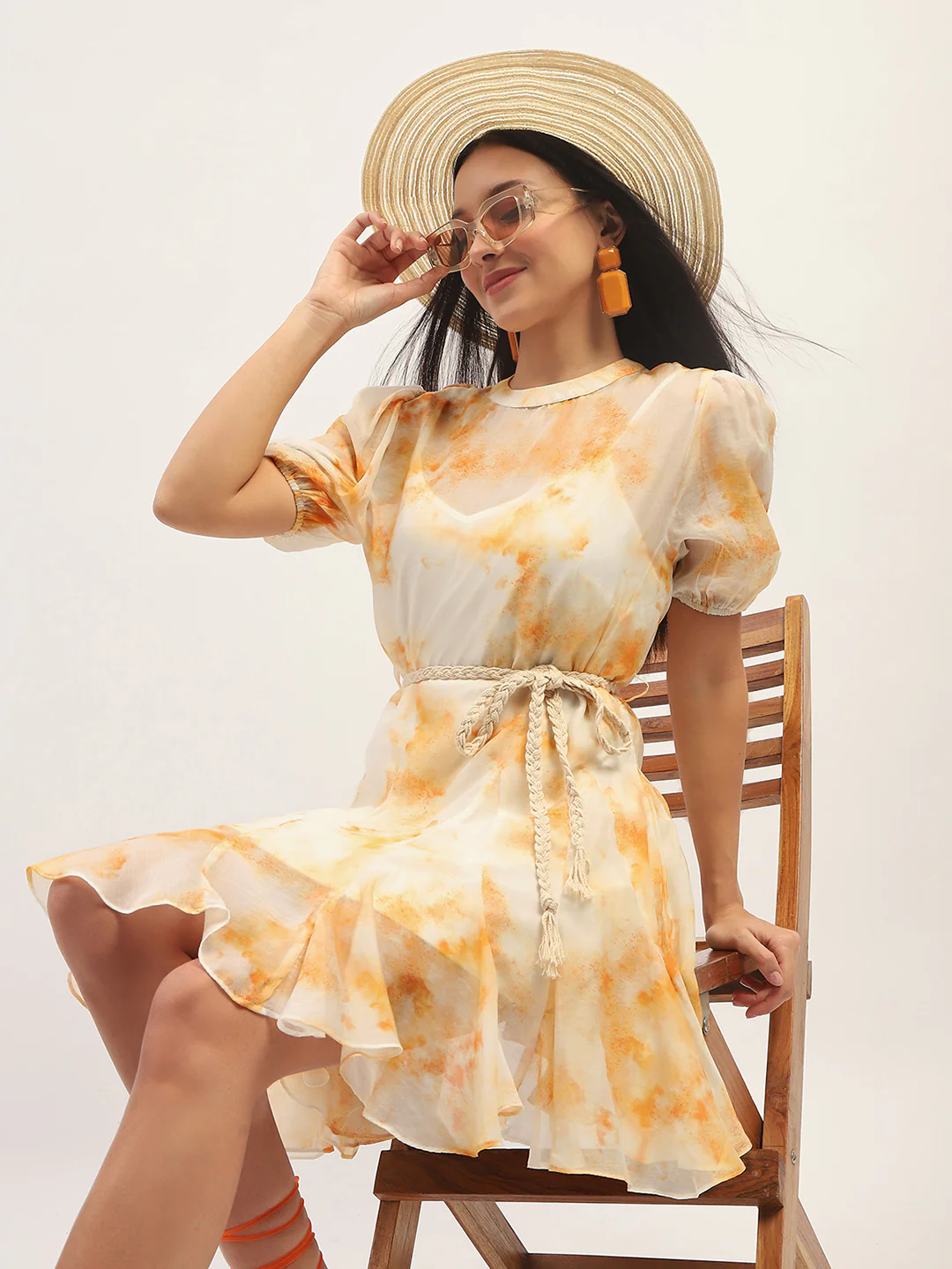 Tie Dye Belted Orange Rayon Blend Mini Dress - TRVCWOW