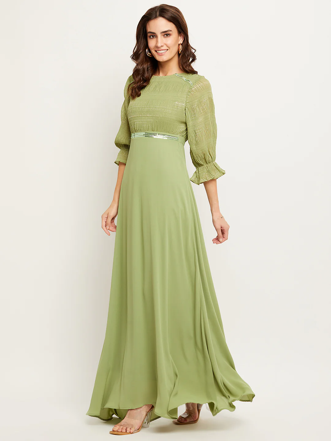 Green Embellished Puff Sleeve Fit-Flare Dress - TRVCWOW