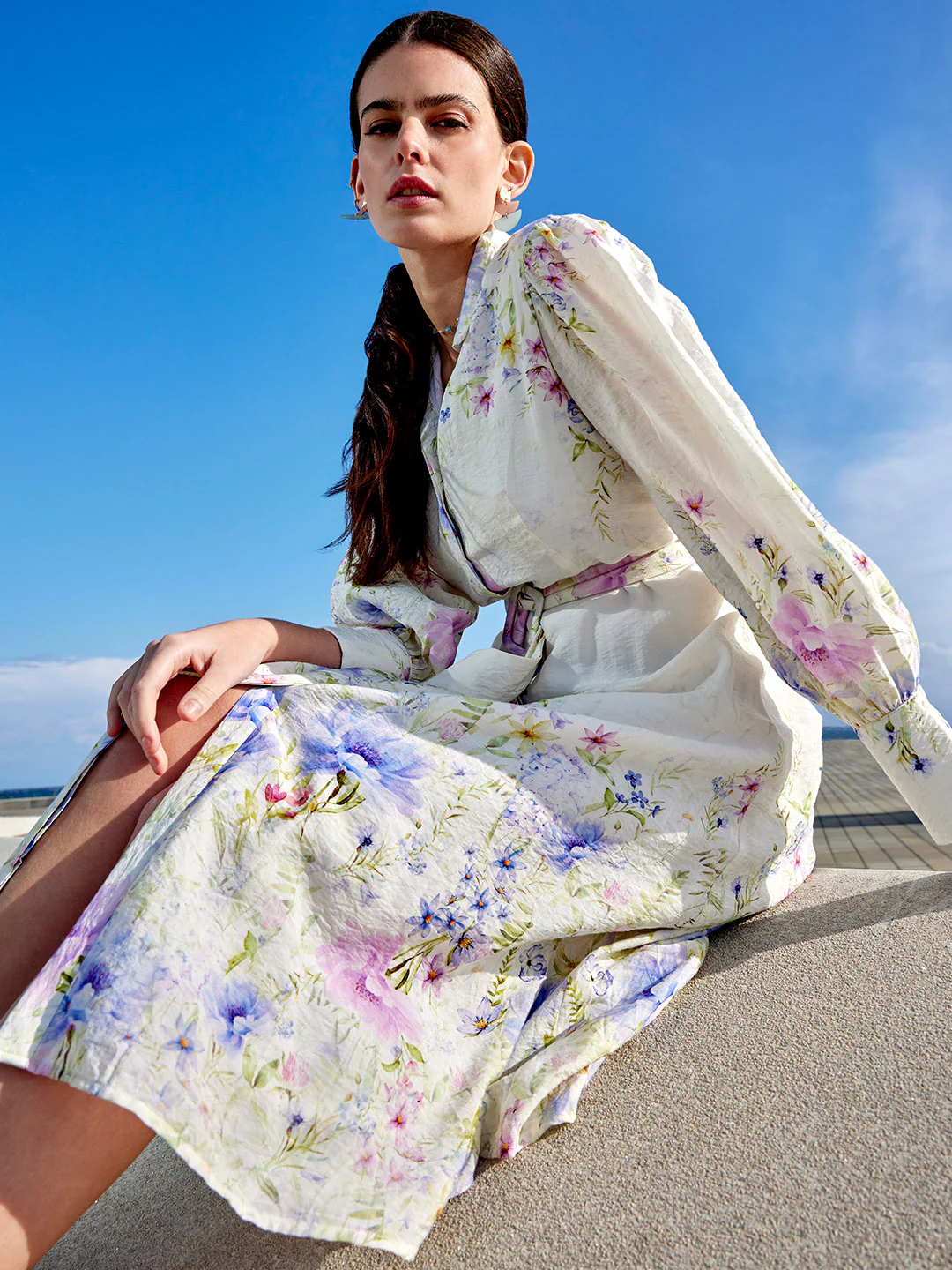 Floral Print Belted White Shirt Dress - TRVCWOW