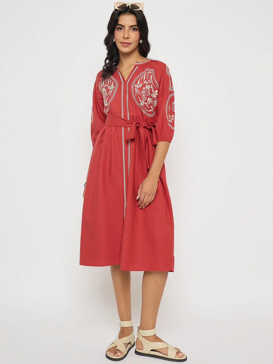 Embroidered Belted A Line Midi Coral Dress - TRVCWOW
