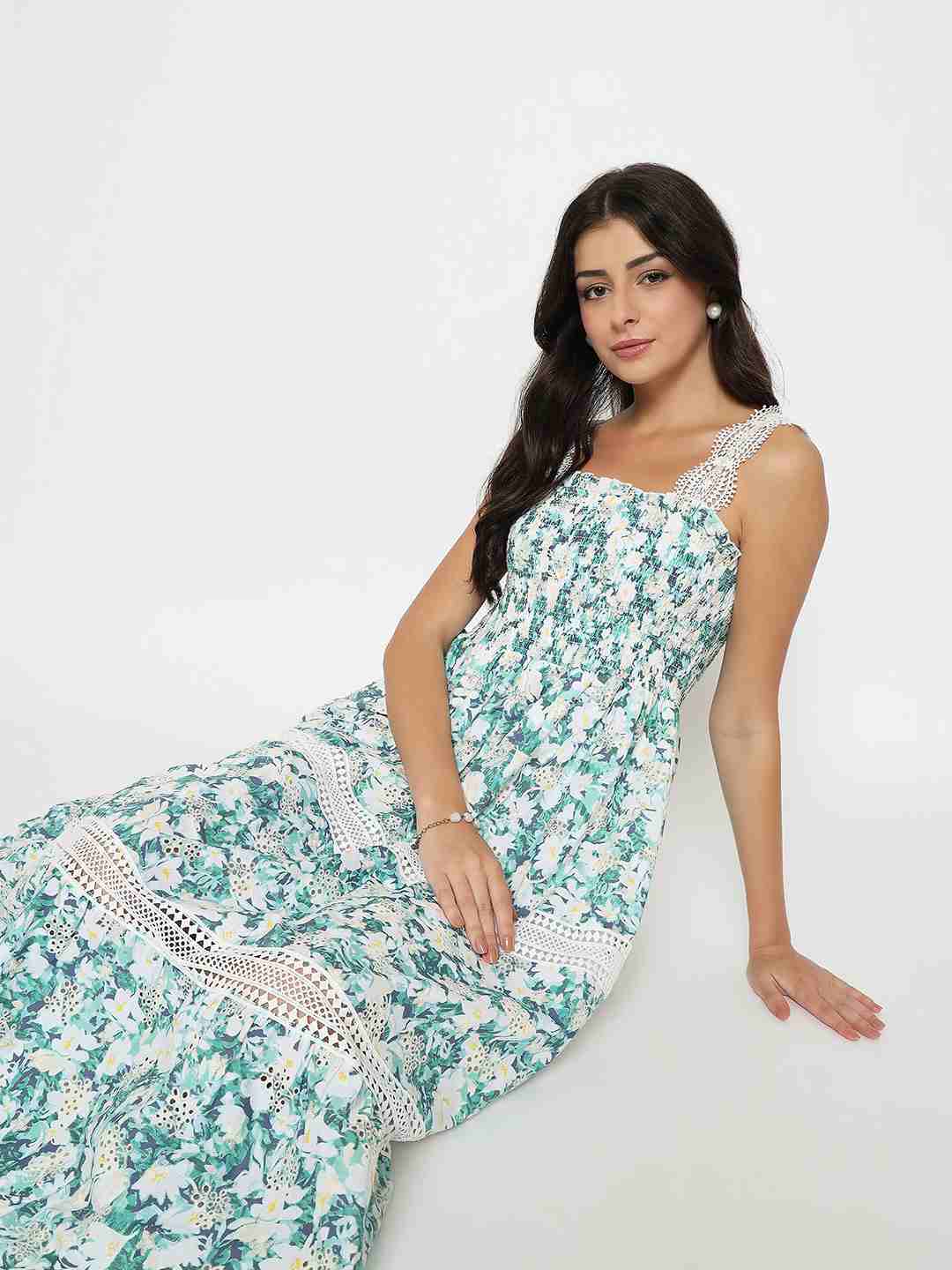 Laced Floral Print White Midi Dress - TRVCWOW