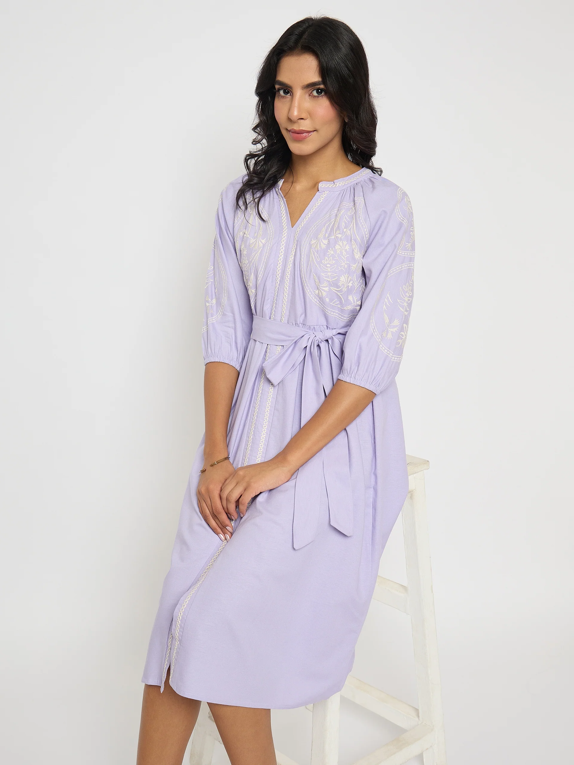 Embroidered Belted A Line Midi Mauve Dress - TRVCWOW