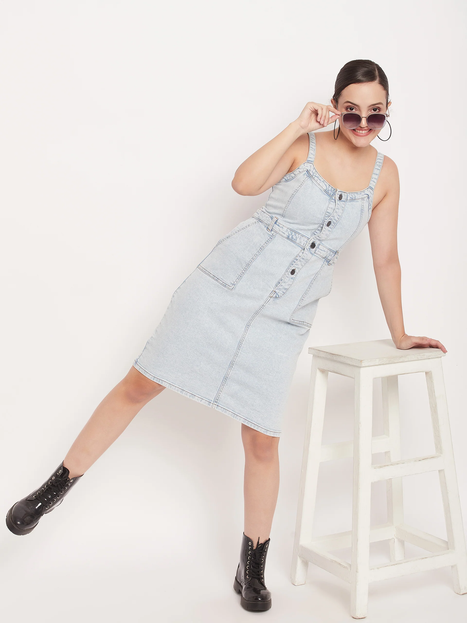 Light Blue Denim Sleeveless Shift Dress - TRVCWOW