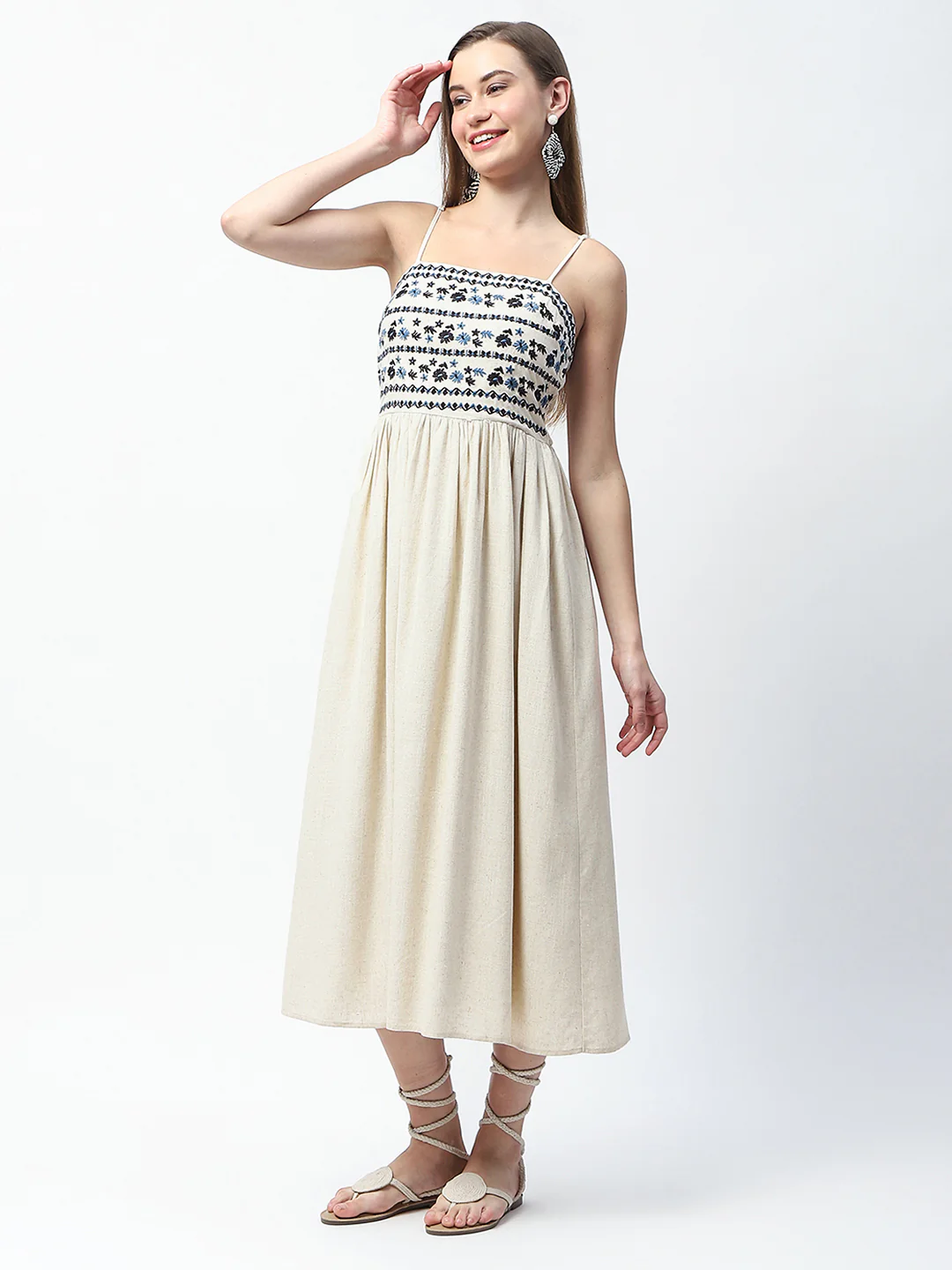 Floral Embroidered Sleeveless Off White Midi Dress - TRVCWOW