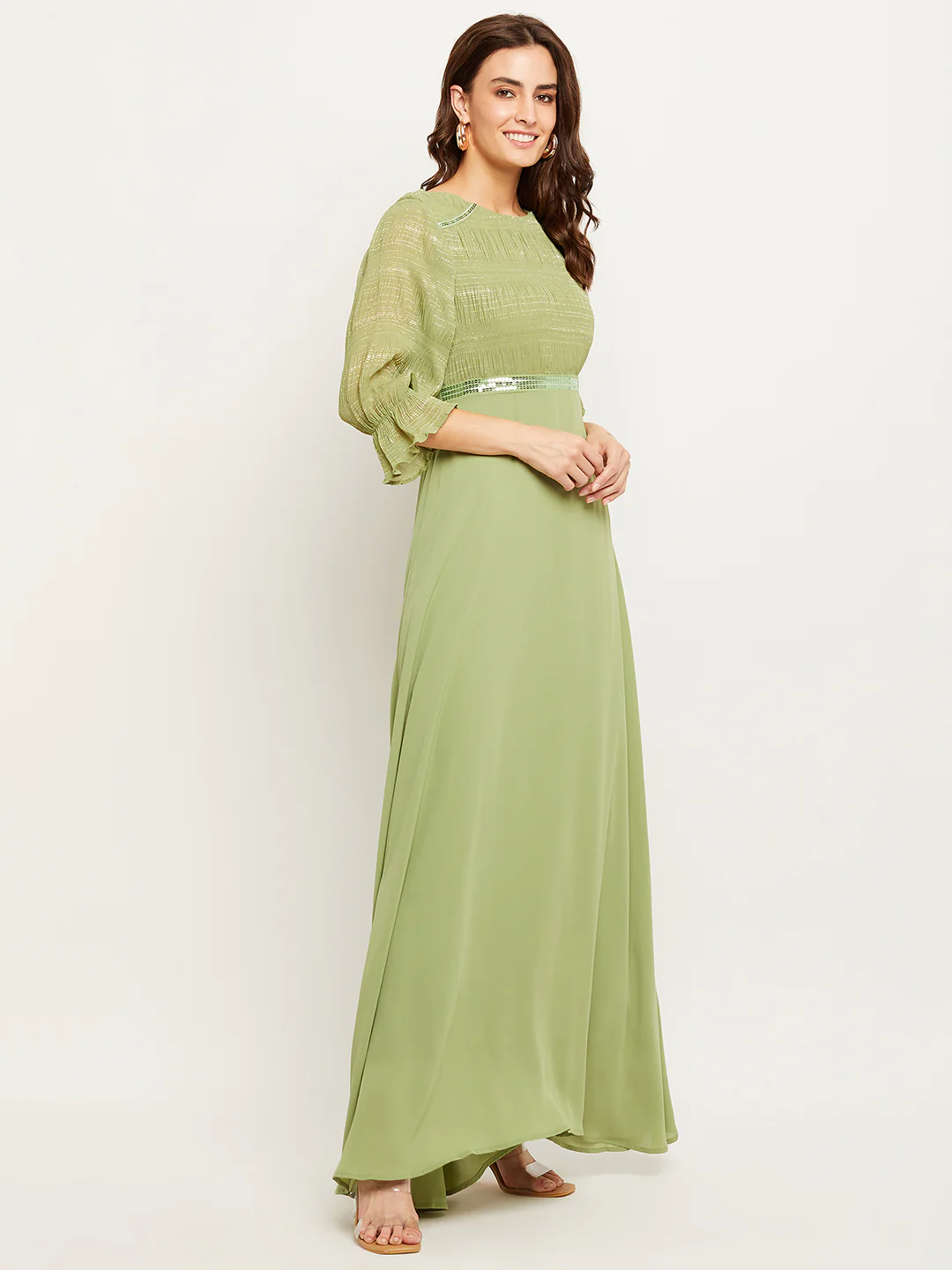 Green Embellished Puff Sleeve Fit-Flare Dress - TRVCWOW