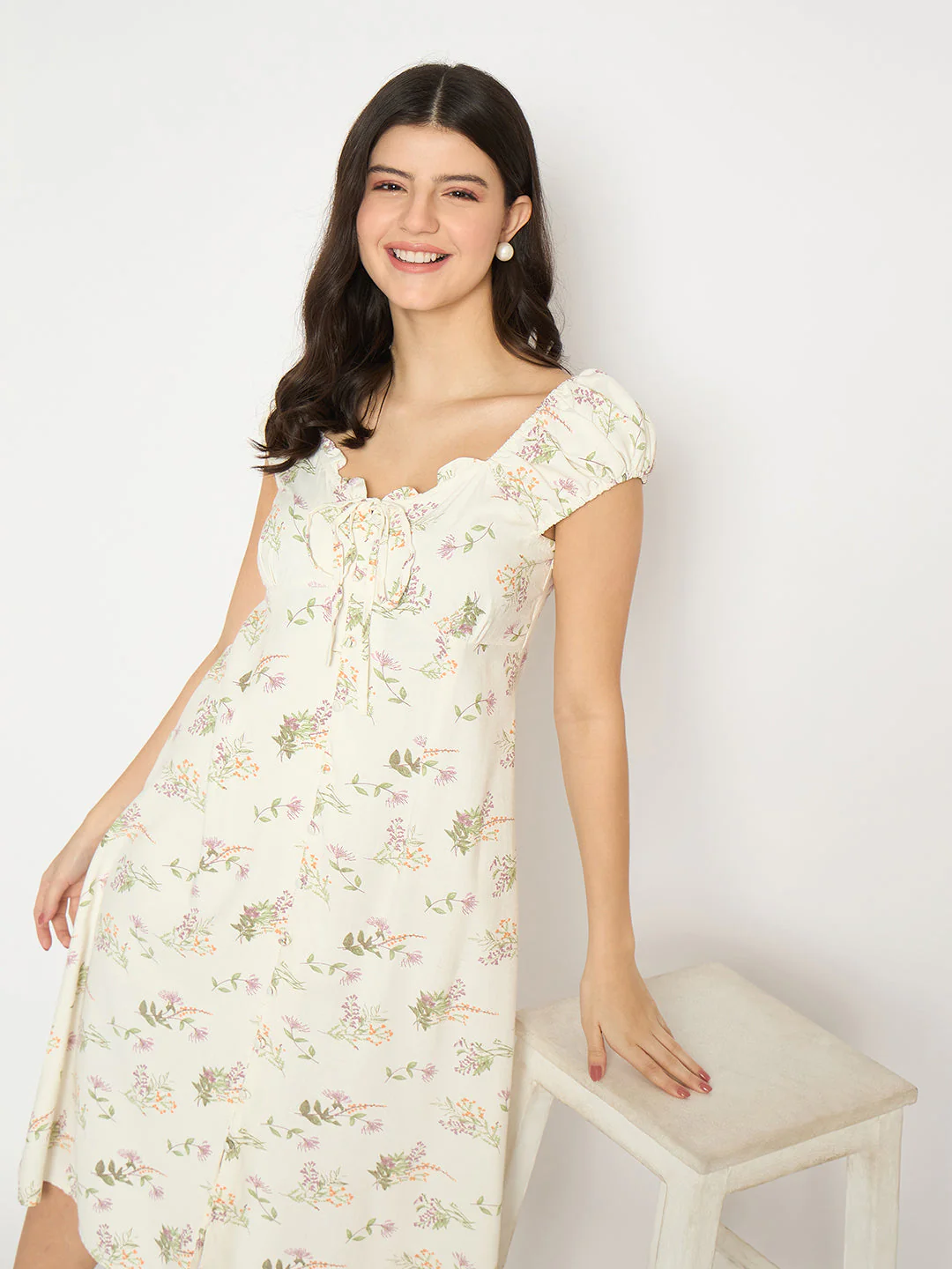 All Over Print Midi Off White Dress - TRVCWOW