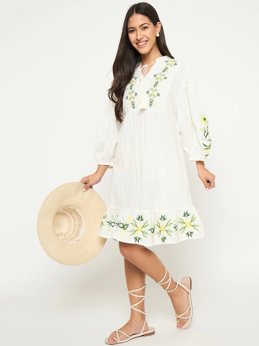 Floral Embroidered Fit and Flare White Mini Dress - TRVCWOW