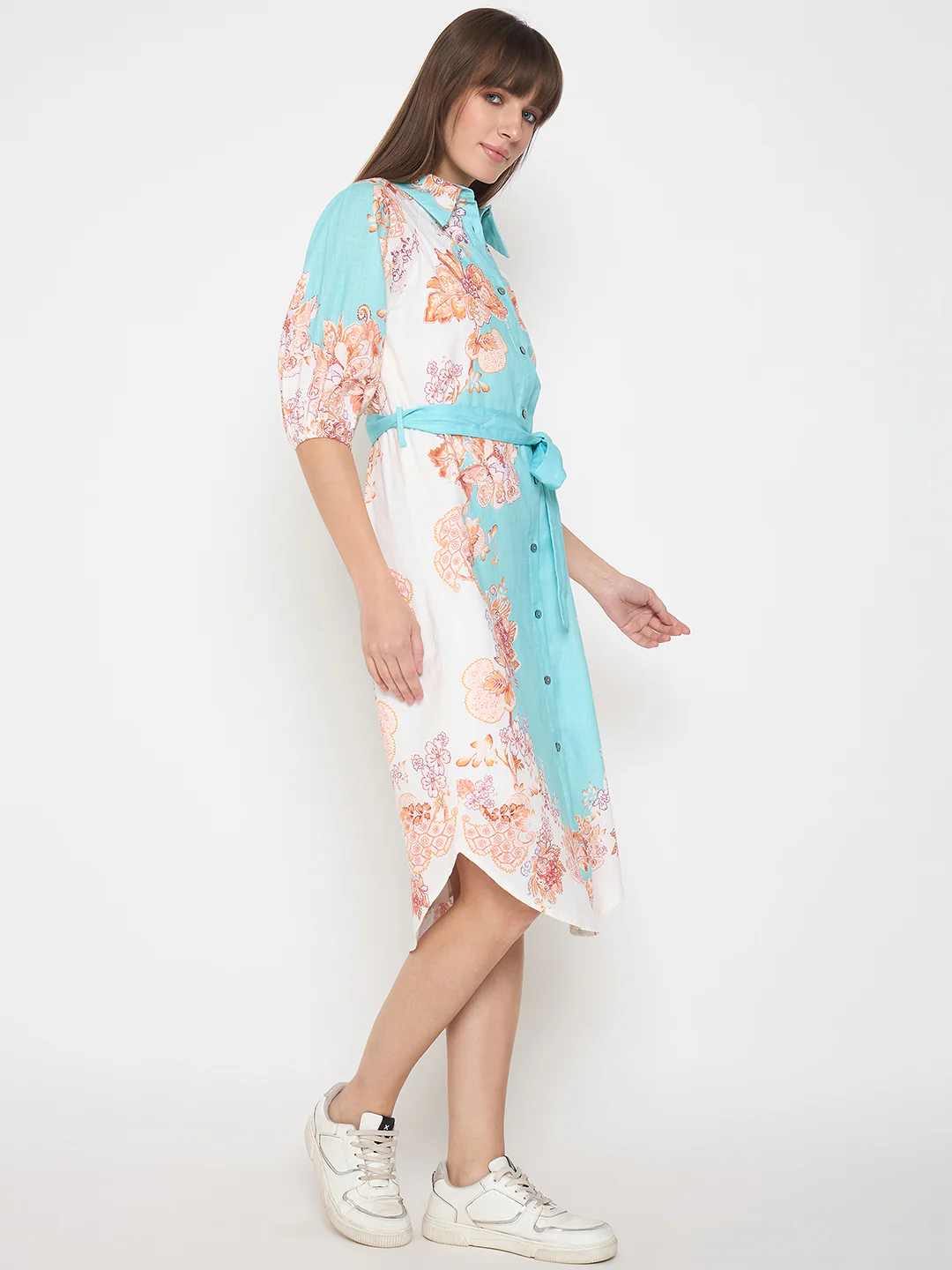 Blue Colorblock Floral Cotton Midi Shirt Dress - TRVCWOW