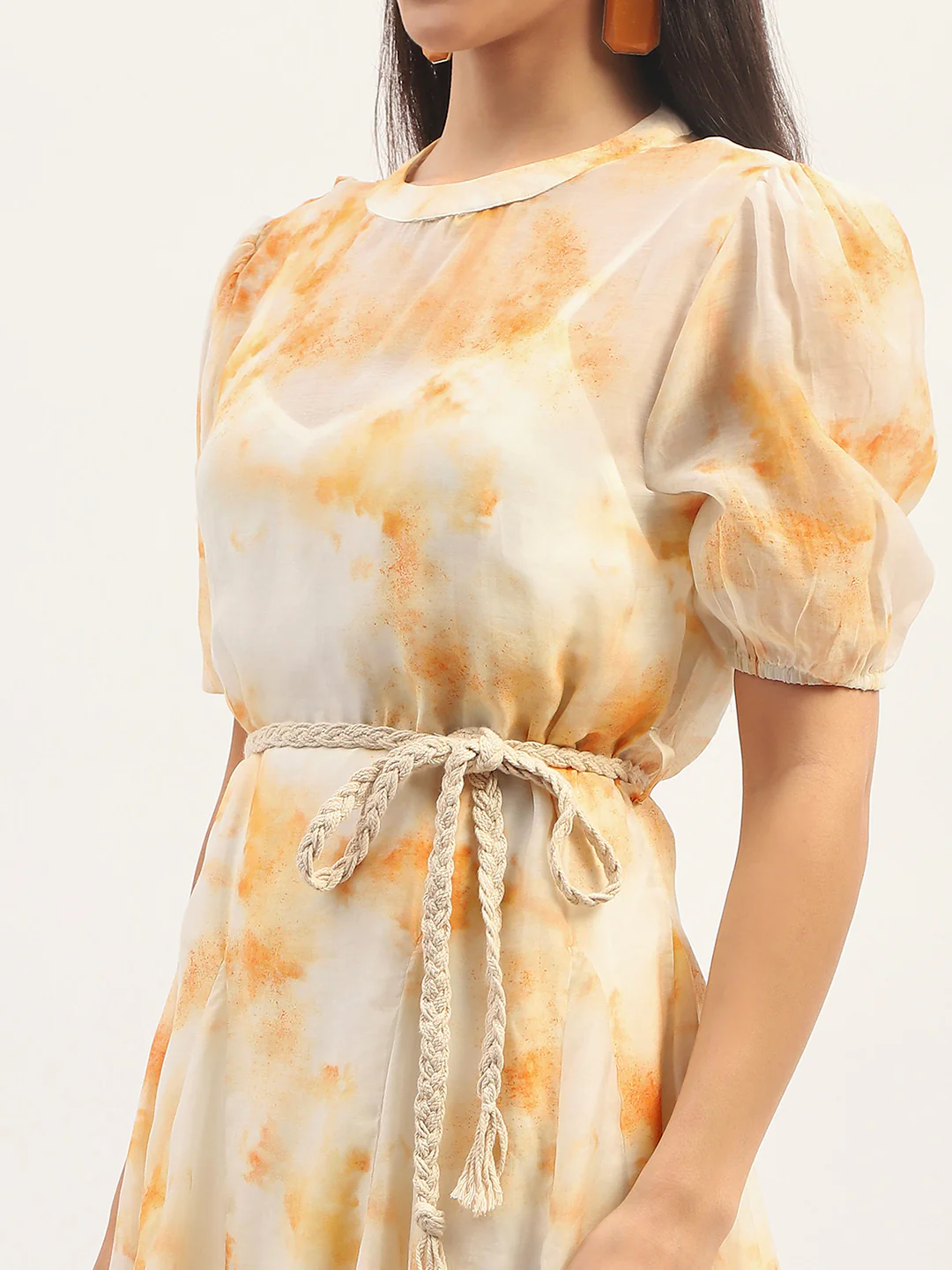 Tie Dye Belted Orange Rayon Blend Mini Dress - TRVCWOW