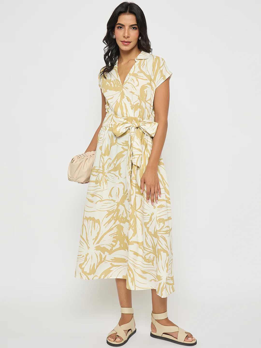 Belted Fit and Flare Beige Wrap Dress - TRVCWOW