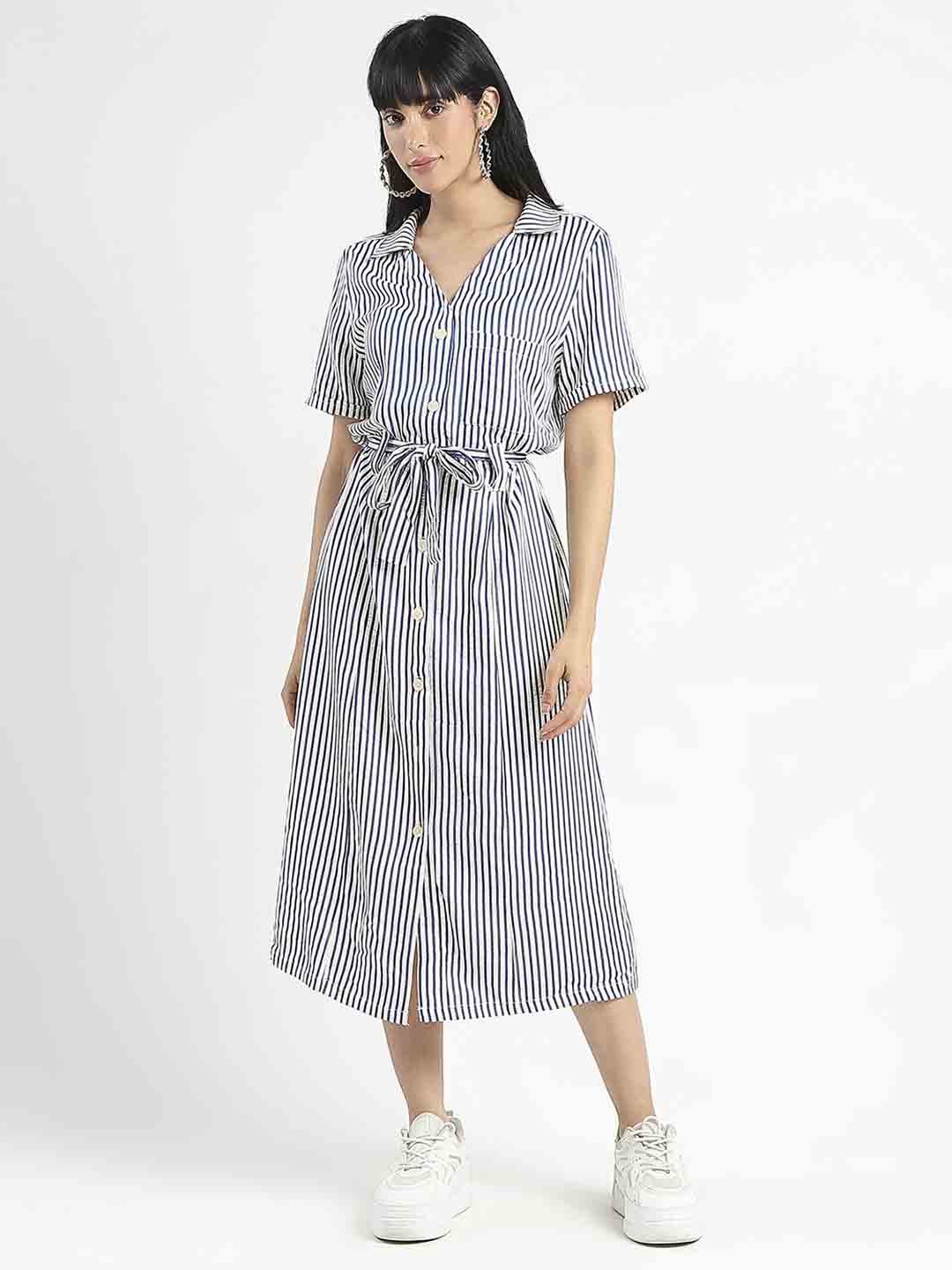 Striped Navy Blue Midi Shirt Dress - TRVCWOW