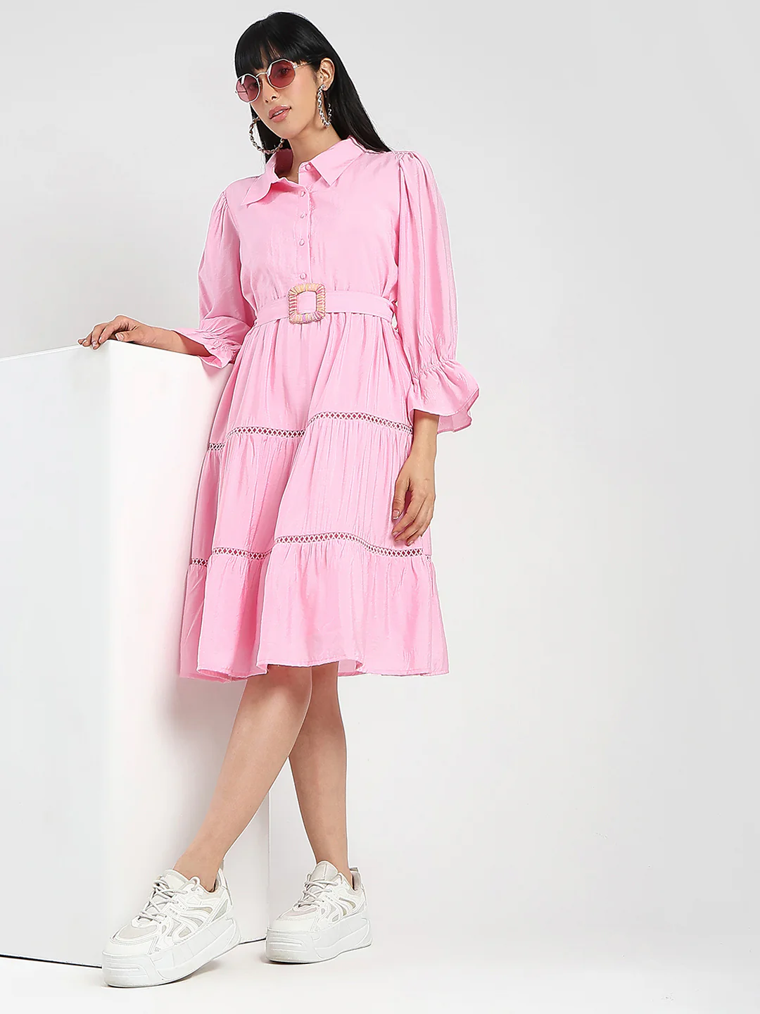 Tiered Pink Rayon Blend Fit and Flare Mini Dress - TRVCWOW