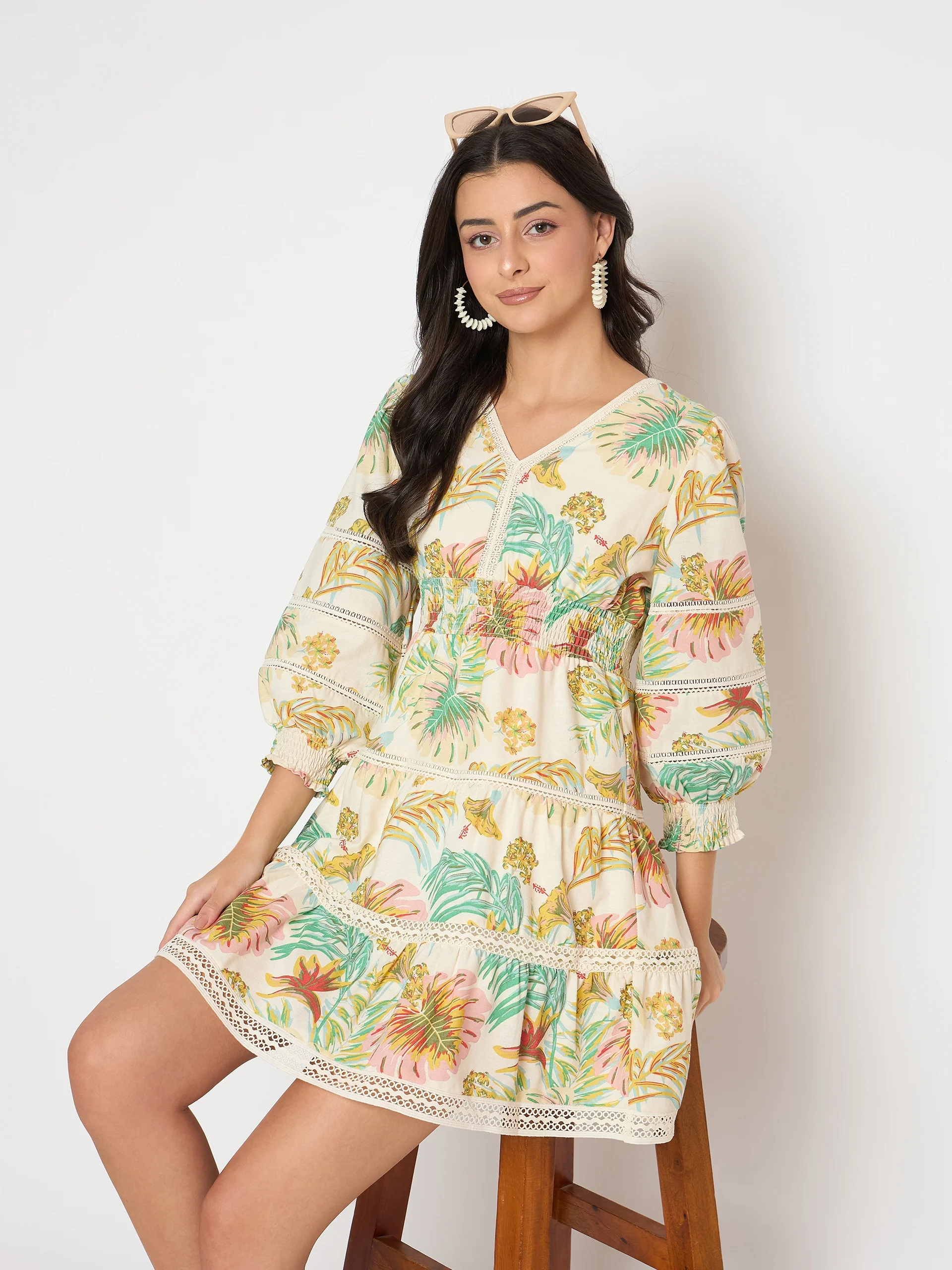 Floral Print Tiered Off White Mini Dress - TRVCWOW