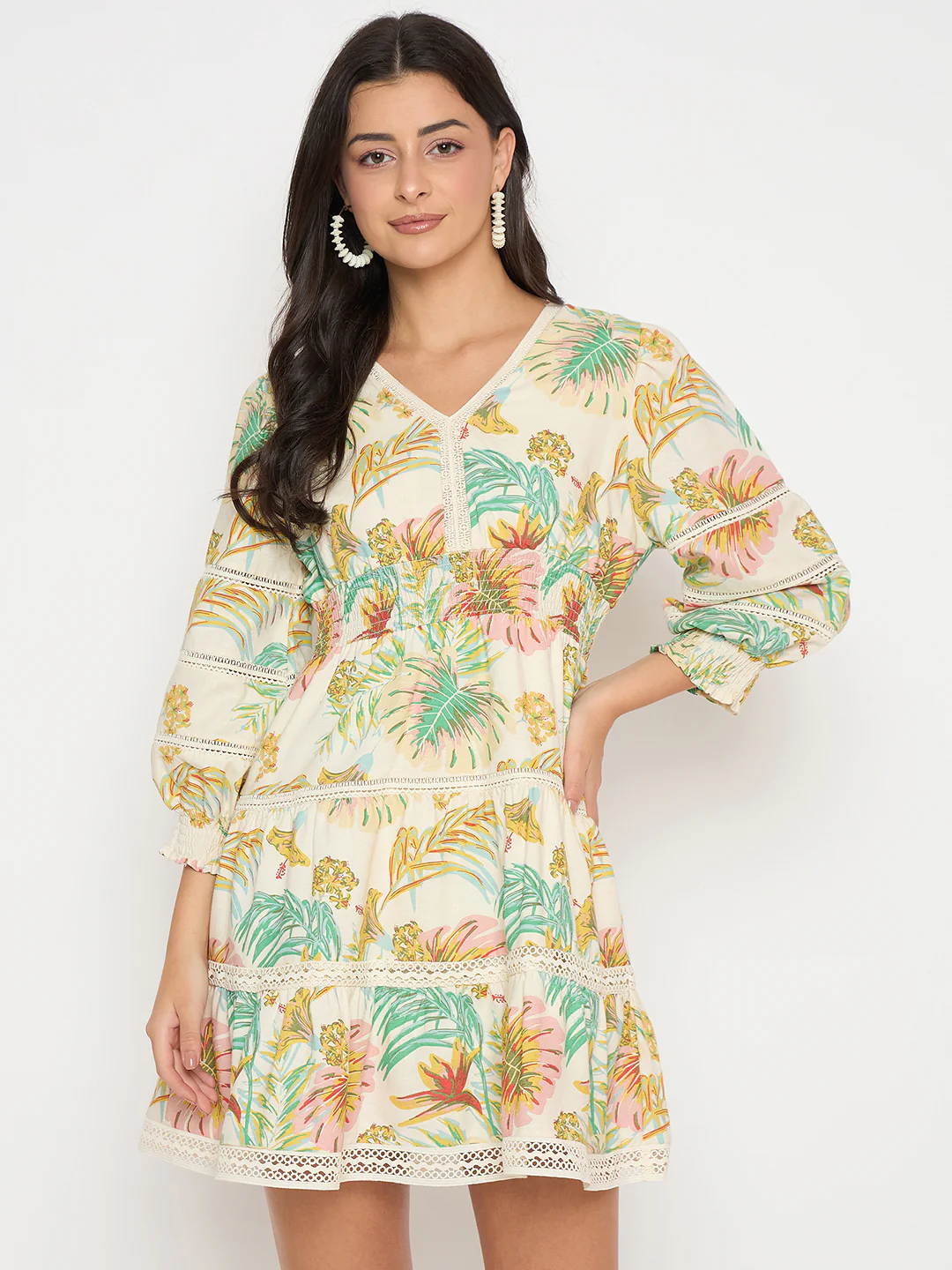 Floral Print Tiered Off White Mini Dress - TRVCWOW