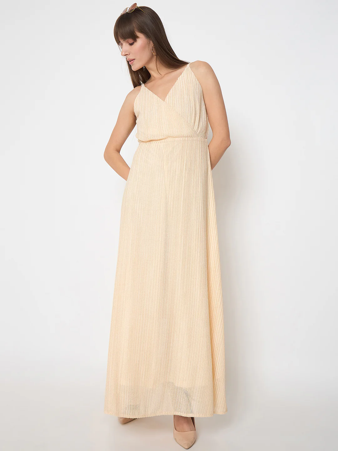 Golden Buckled Strap Self Design Beige Maxi Dress - TRVCWOW
