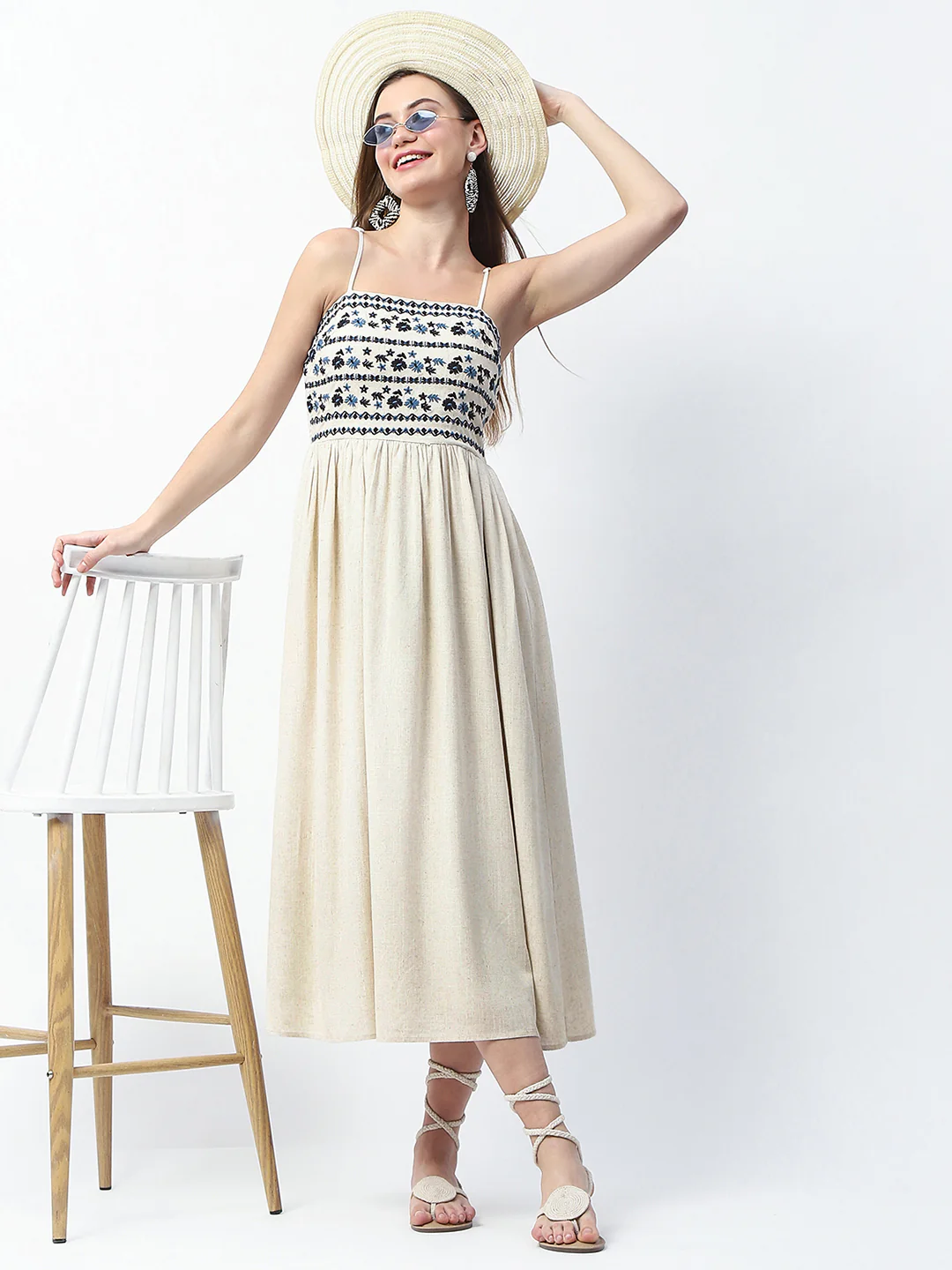 Embroidered Off White Maxi Rayon Blend Dress - TRVCWOW