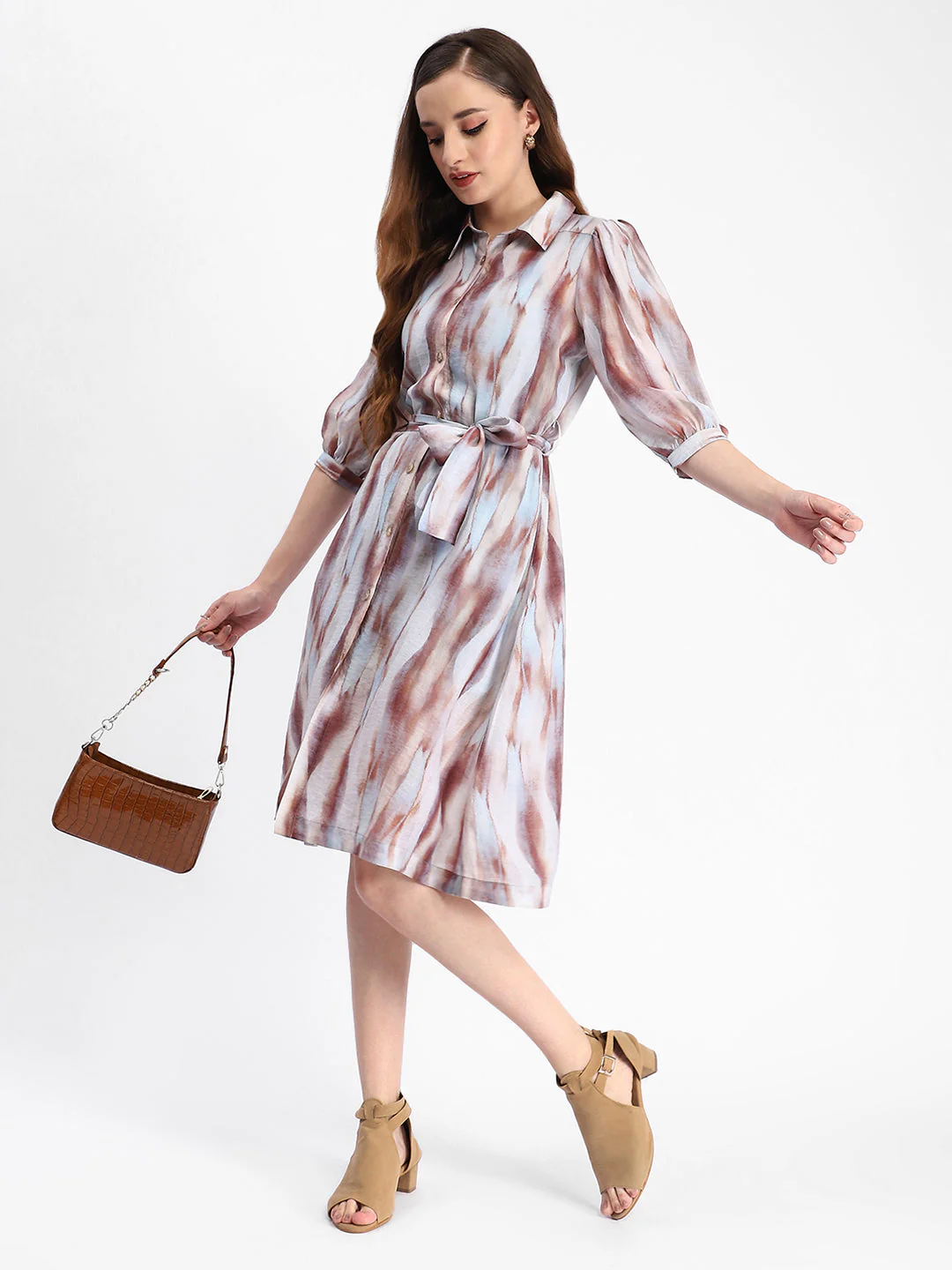 Blue Abstract Print Belted A Line Midi Dress - TRVCWOW