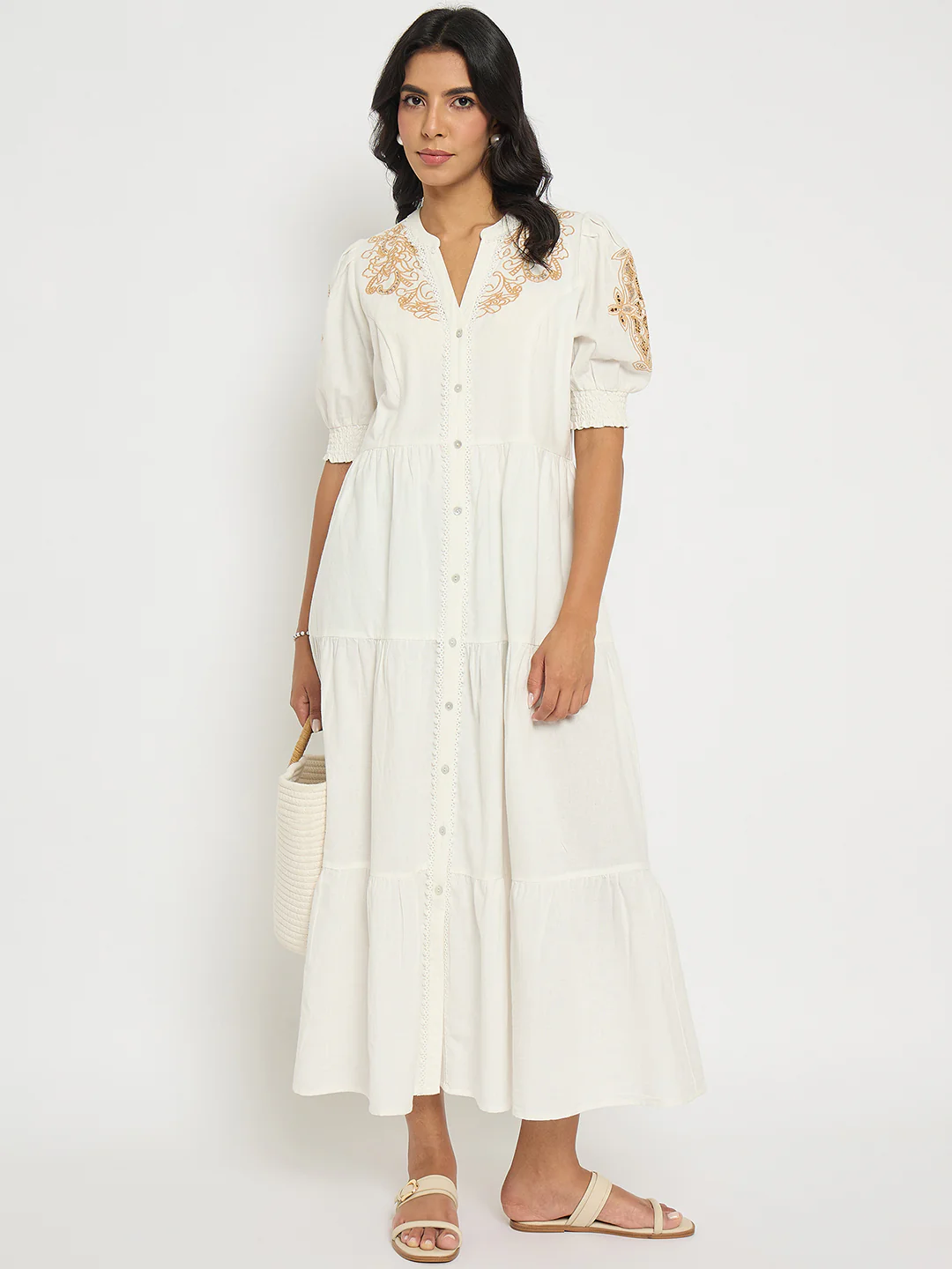 Embroidered Flared Hem Belted White Cotton Dress - TRVCWOW