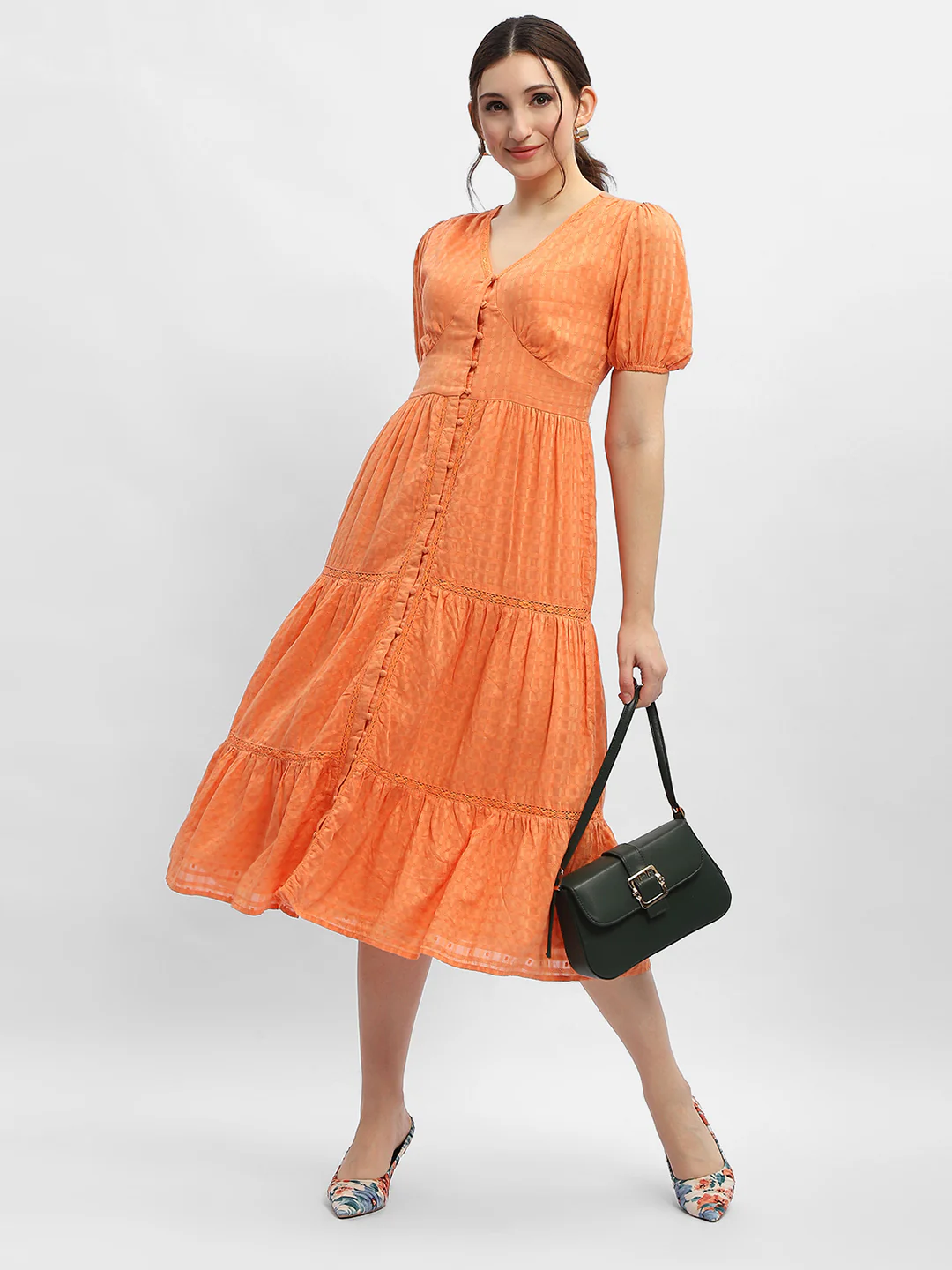 V-Neck Orange Tiered Maxi Dress - TRVCWOW