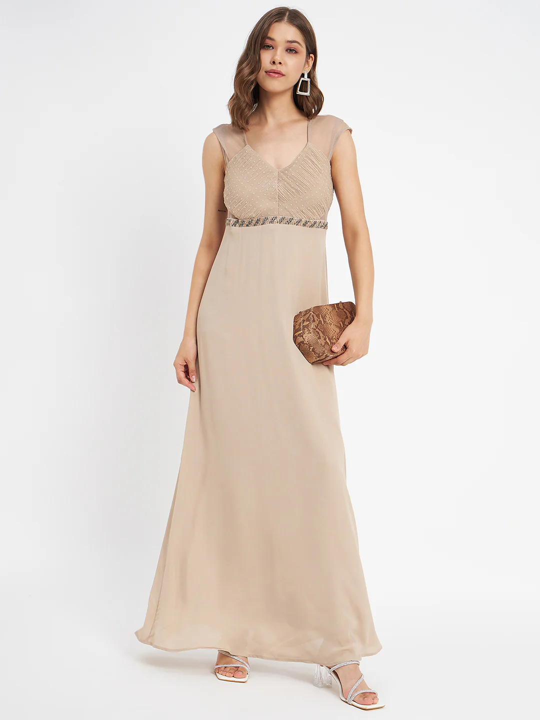 Beige Embellished Fit-Flare Dress - TRVCWOW