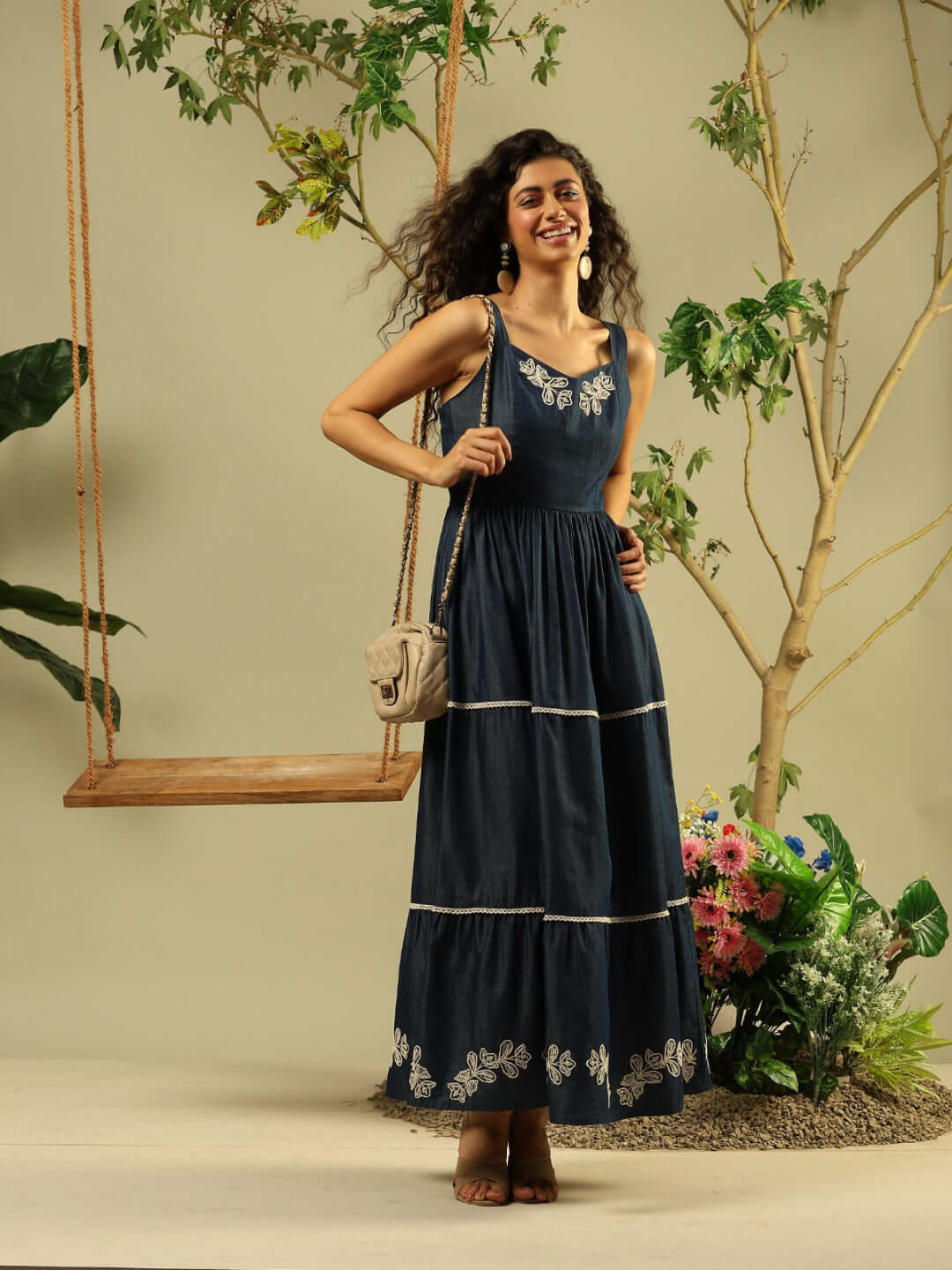 Embroidered Tiered Hem Denim Maxi Dress - TRVCWOW