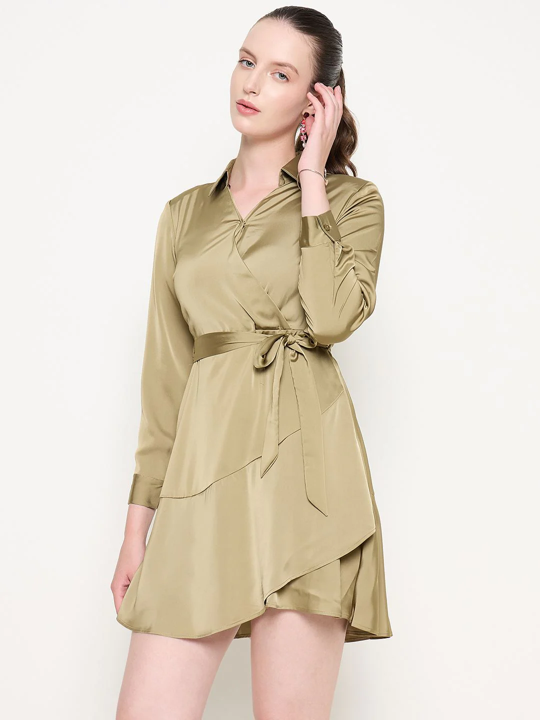 Fabric Belted Cuff Sleeve Solid Green Satin Short Dress - TRVCWOW