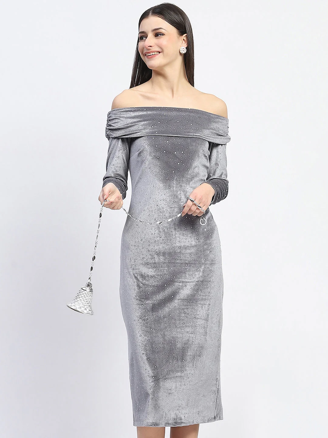 Off-shoulder embellished Grey Velvet Dress - TRVCWOW