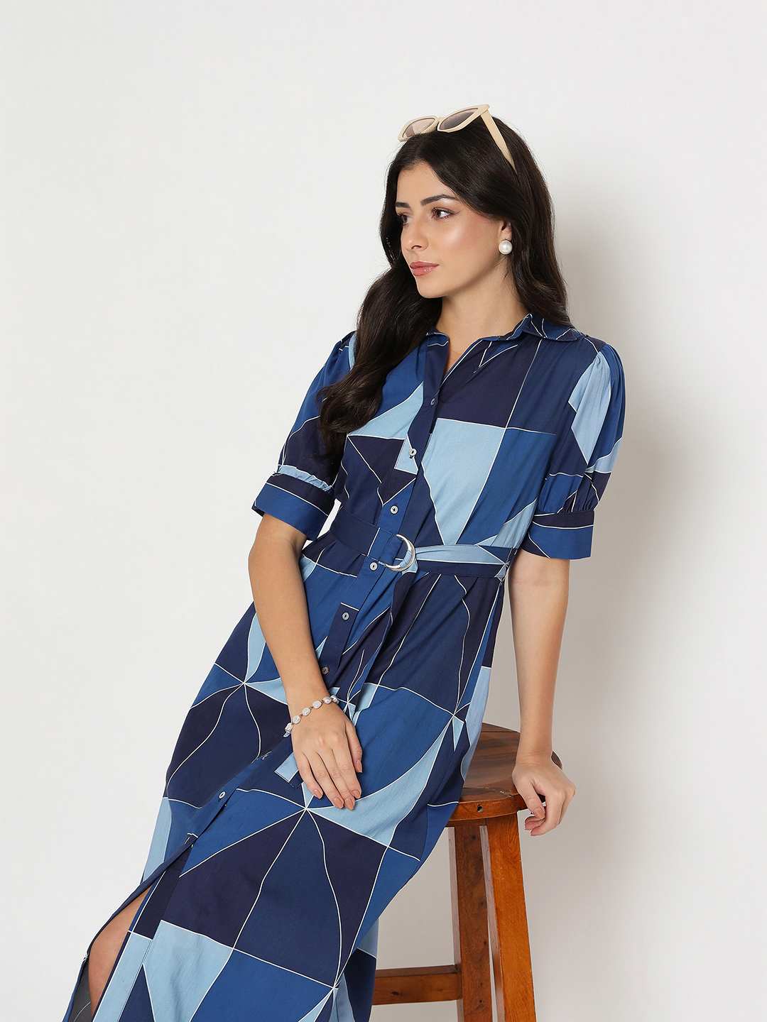 Geometric Print Belted Blue Maxi Shirt Dress - TRVCWOW