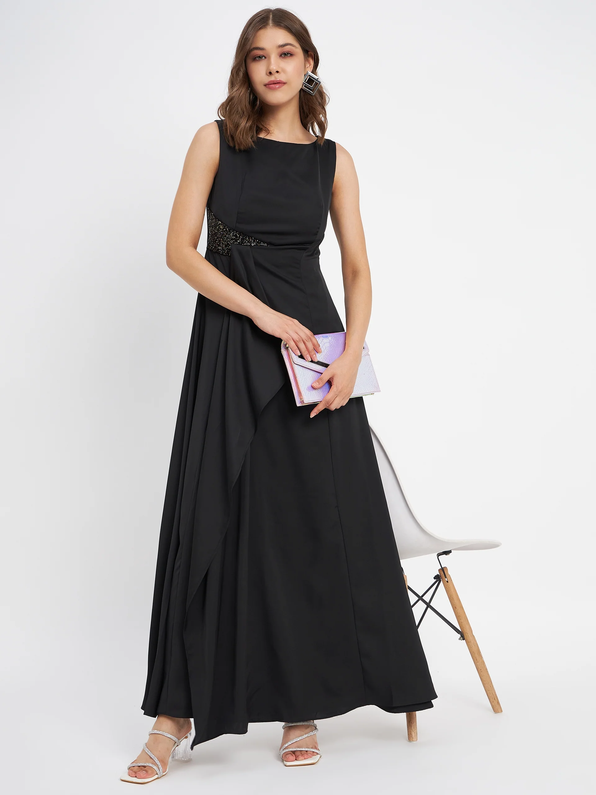 Black Shimmer Detailing Ruffle Dress - TRVCWOW