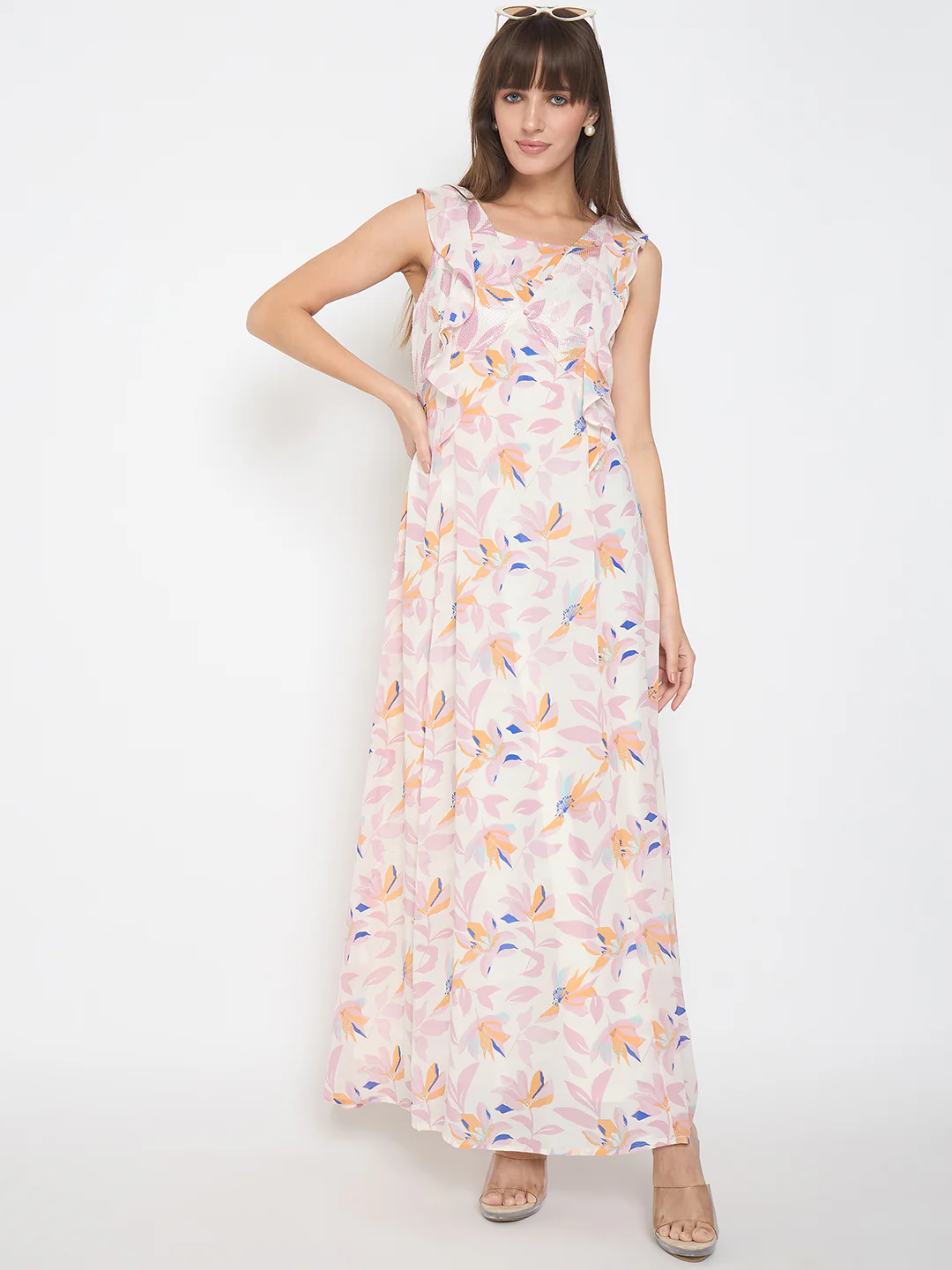 Floral Print Ruffle Detail Off White Midi Dress - TRVCWOW