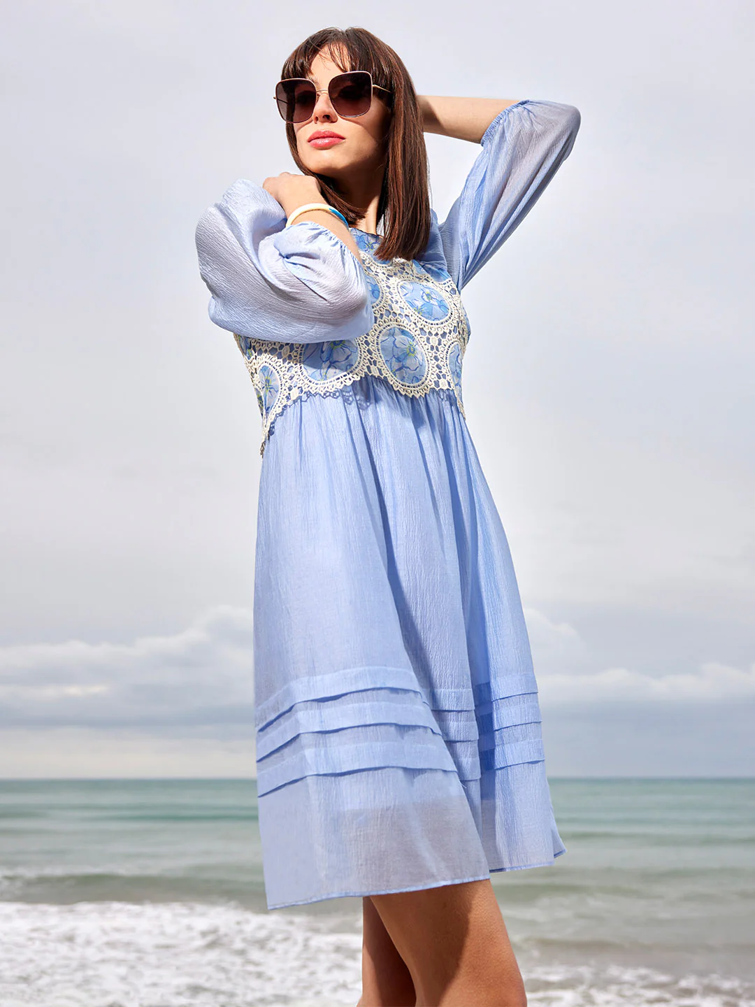 Printed Powder Blue Tencel Blend Crochet Midi Dress - TRVCWOW