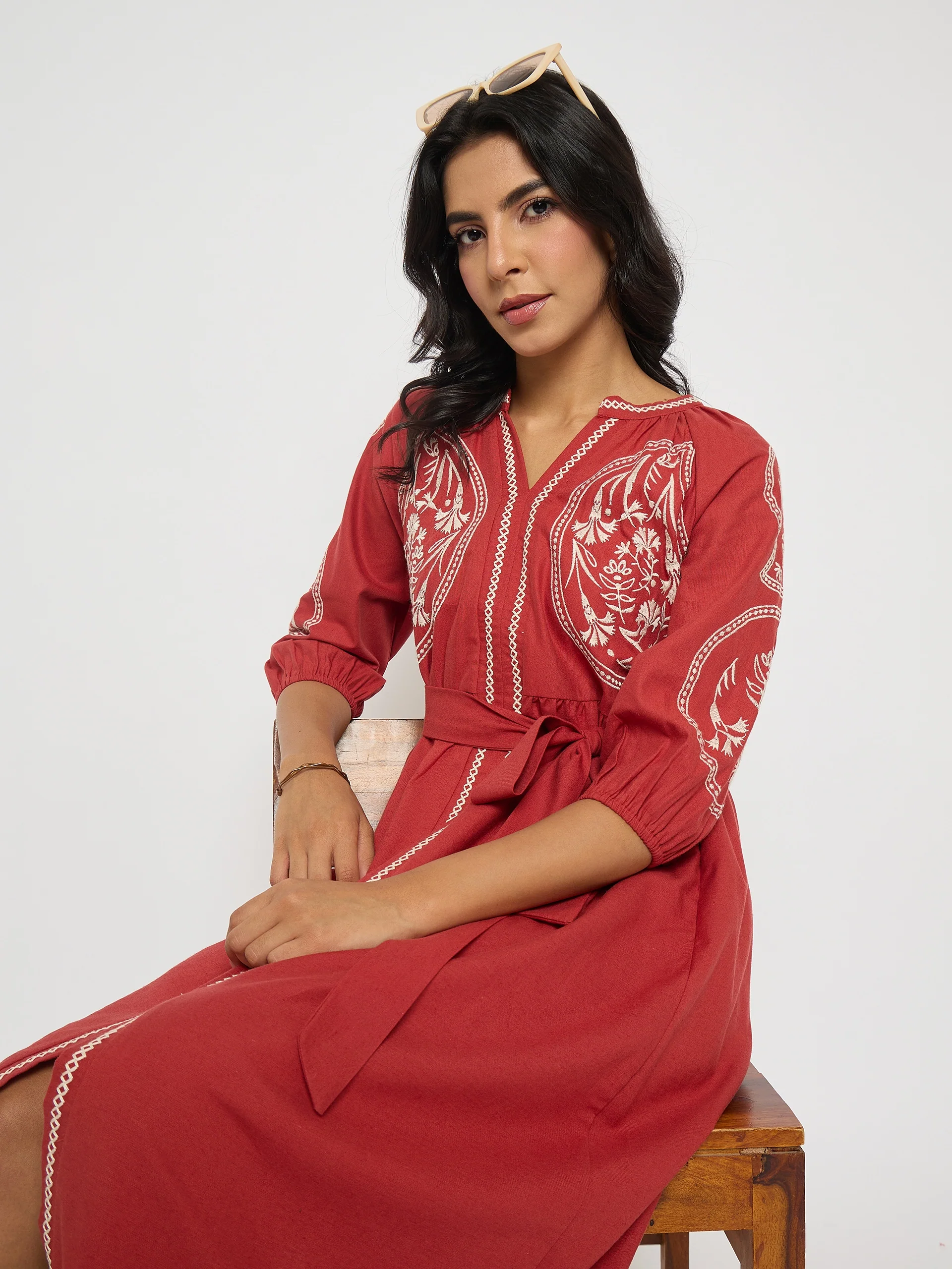 Embroidered Belted A Line Midi Coral Dress - TRVCWOW