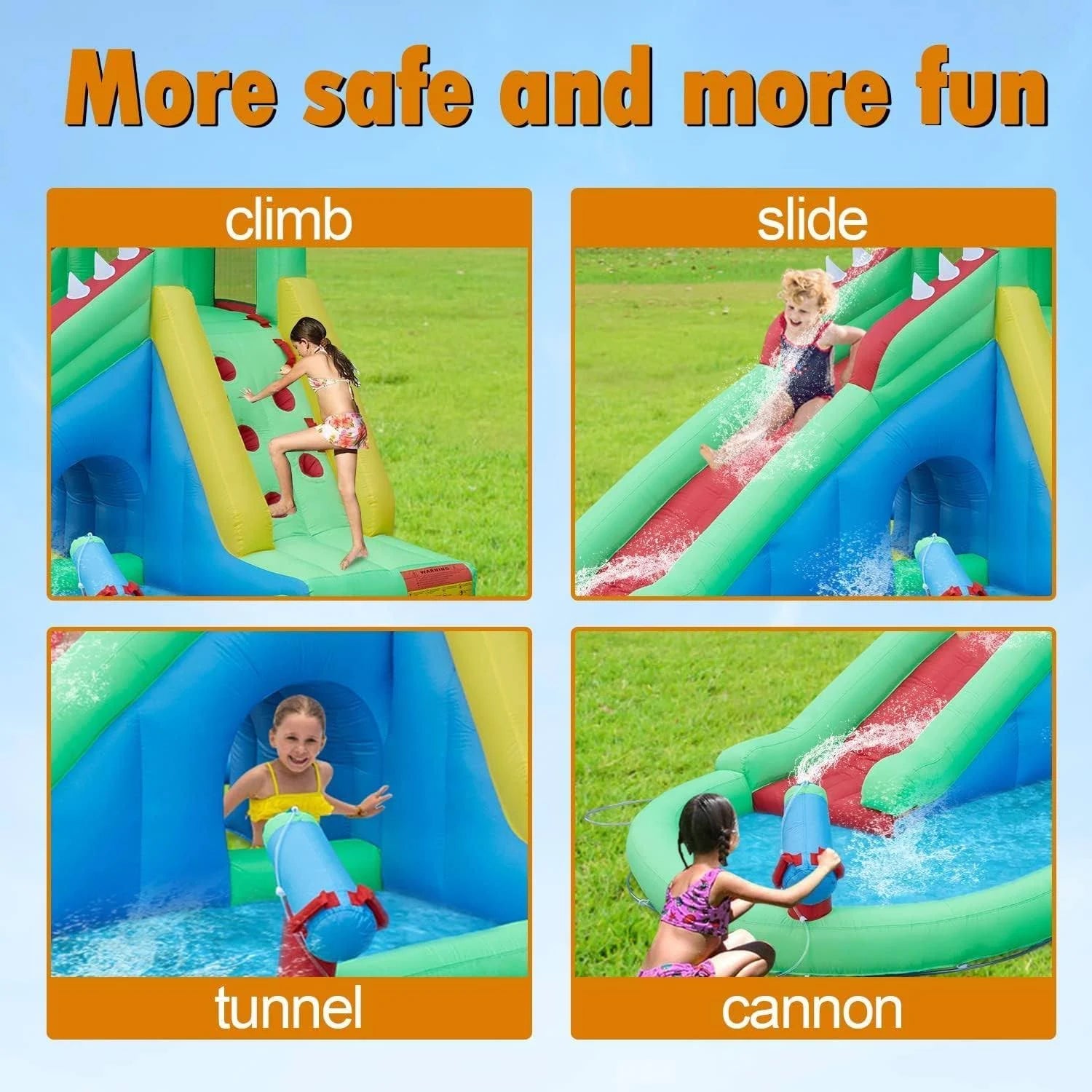 Inflatable Water Slides for Kids - Kinsuite Inflatable Bounce House Water Slide w/Jumping Area Climbing Wall Water Cannon Splash Pool Tunnel Indoor - MadeInUSA