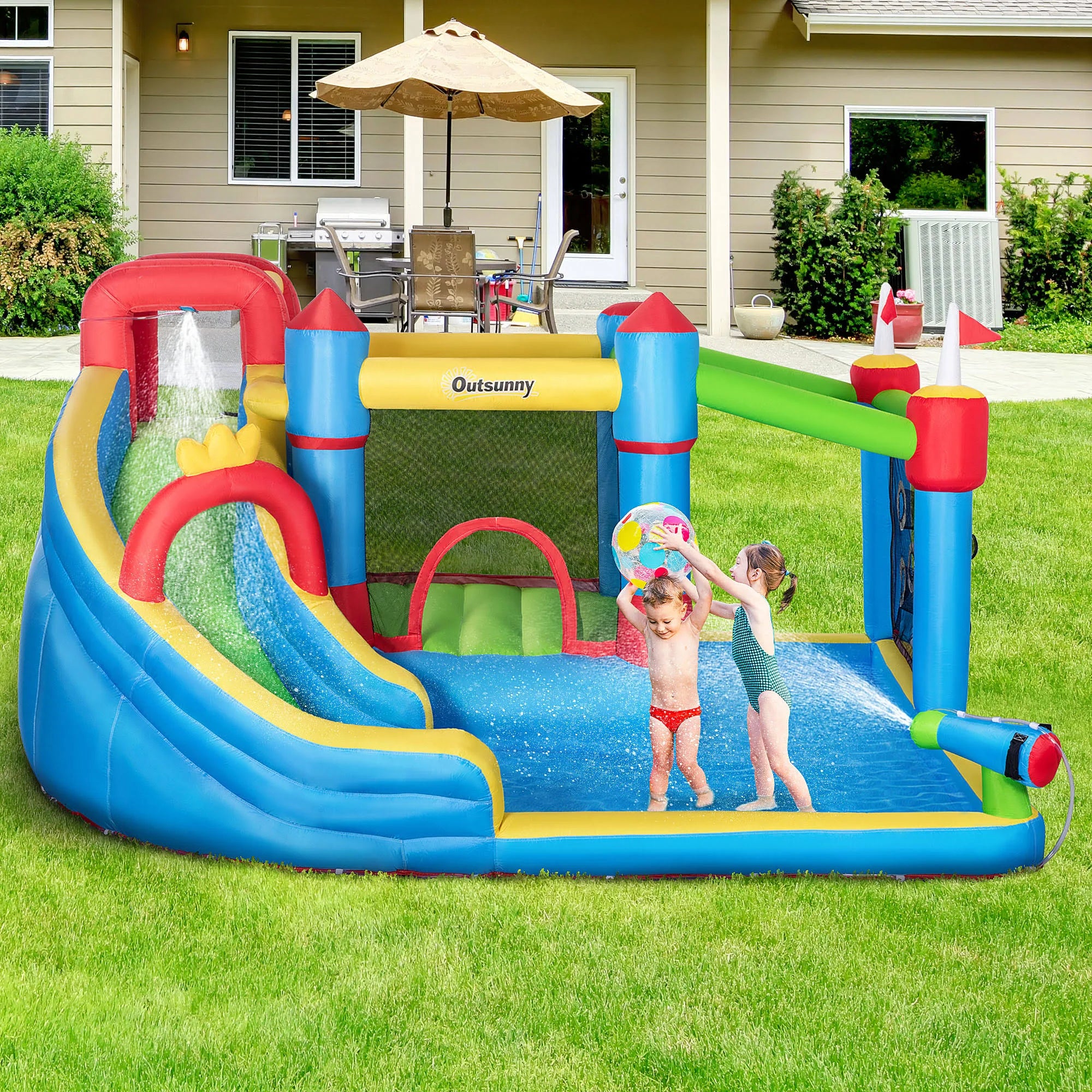 Outsunny 6-in-1 Inflatable Water Slide, Kids Castle Bounce House Includes Slide, Trampoline, Pool, Water Gun, Climbing Wall, Throwing Wall with Carry - MadeInUSA