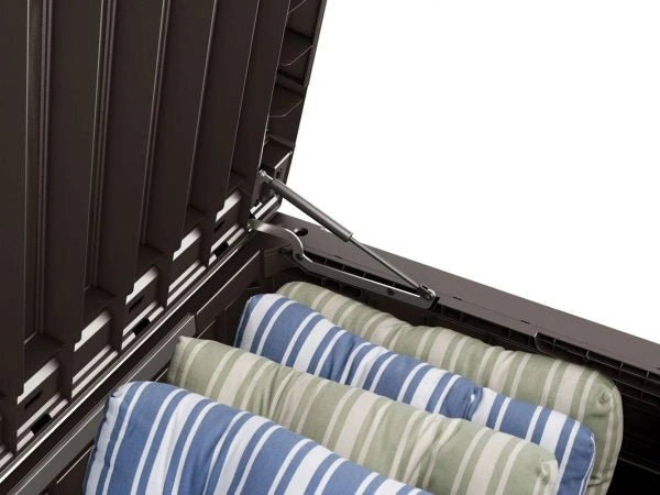 Keter Westwood 150 Gallon Resin Large Deck Box Organization and Storage for Patio Furniture, Outdoor Cushions, Garden Tools and Pool Toys, Brown - MadeInUSA