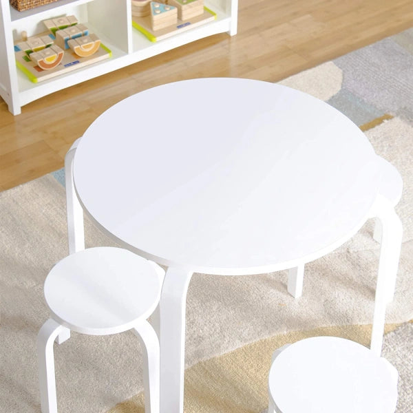 Guidecraft Nordic Table and Chairs Set for Kids: White Stacking Bentwood Stools with Curved Wood Toddler Activity Table Childrens Modern Bedroom, Playroom, and Living Room Furniture - MadeInUSA