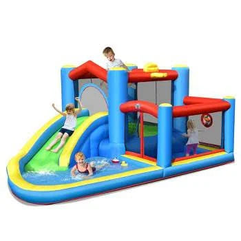 Outsunny 6-in-1 Inflatable Water Slide, Kids Castle Bounce House Includes Slide, Trampoline, Pool, Water Gun, Climbing Wall, Throwing Wall with Carry - MadeInUSA
